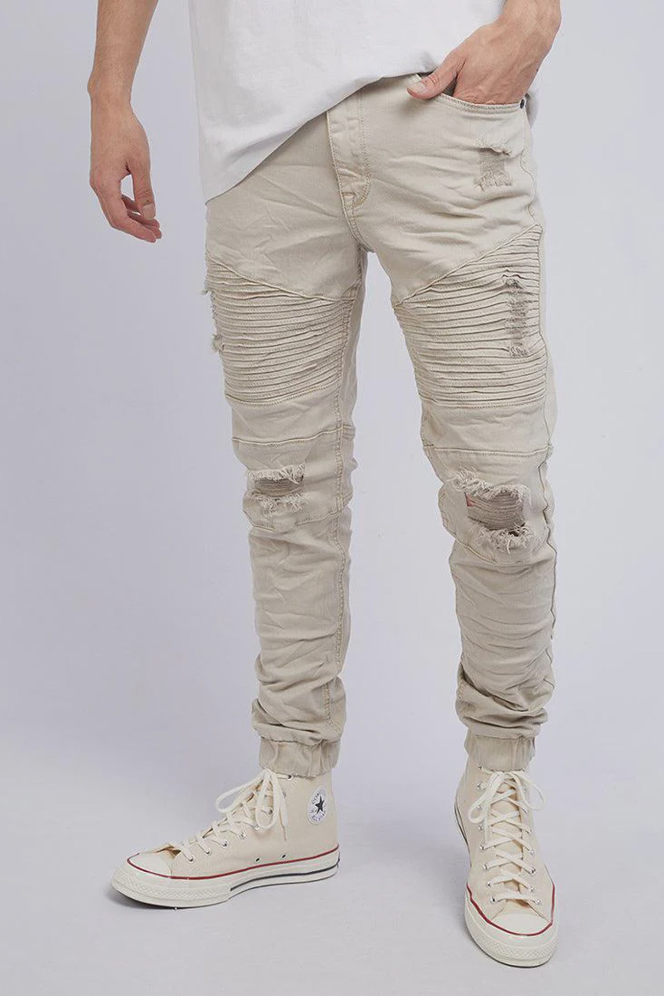 Strung Out Moto Cuffed Jean Trashed Oatmeal