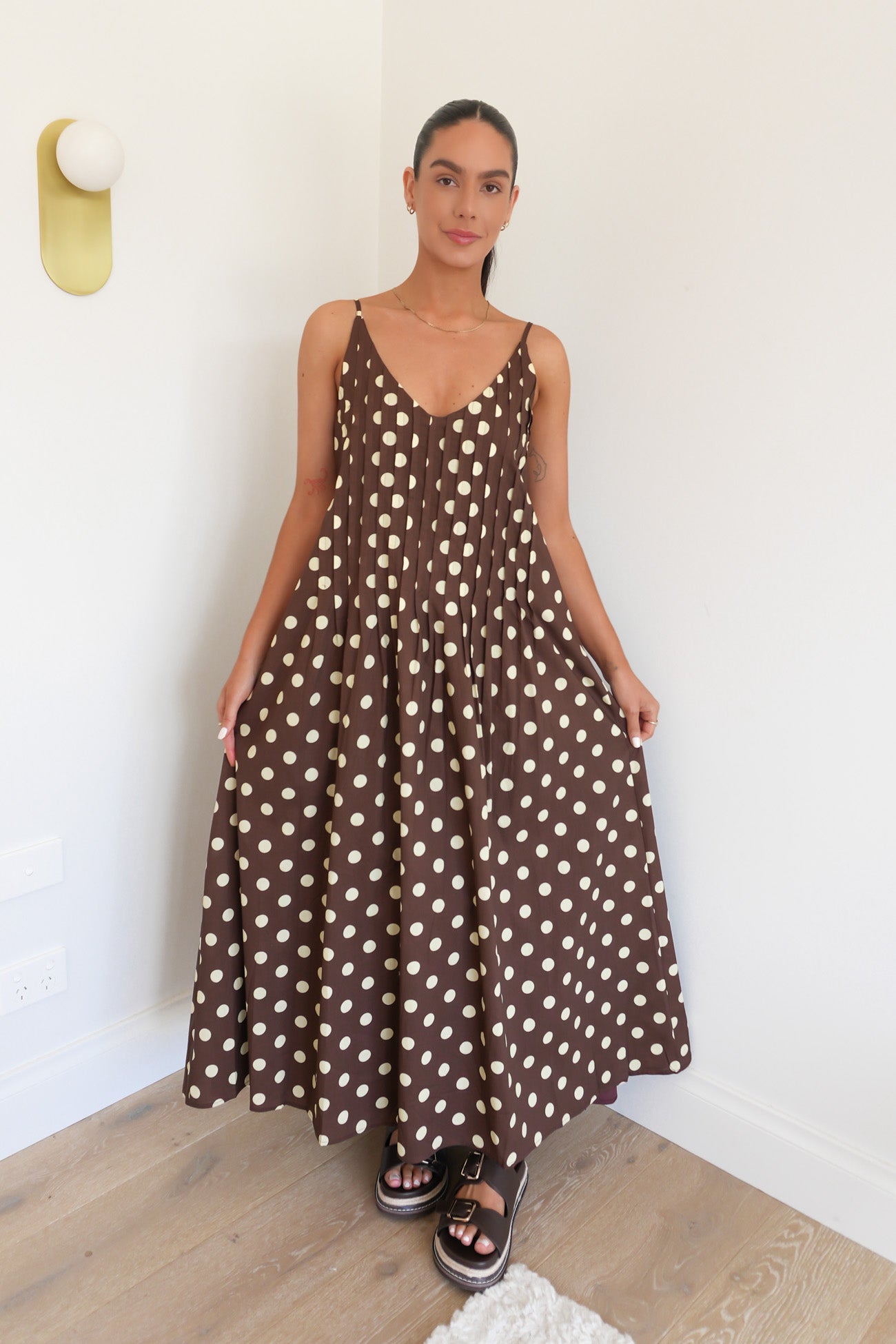 Abella Midi Dress Chocolate Yellow Polka Dot