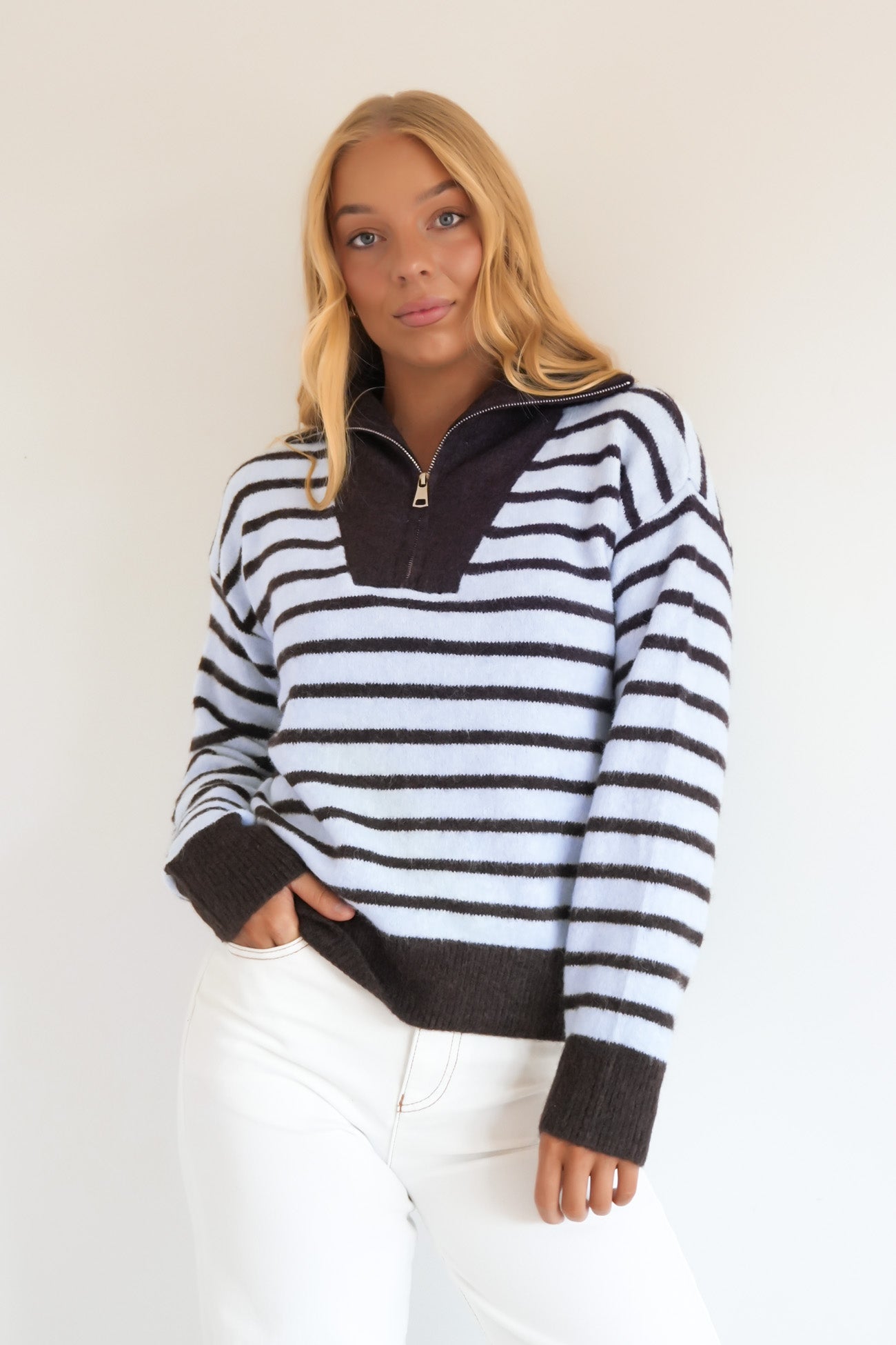 Alden 1/4 Zip Knit Jumper Blue Stripe