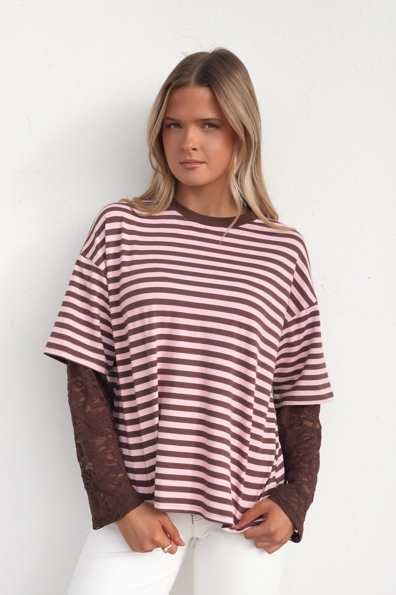 Amelia Lace Long Sleeve Tee Chocolate Pink Stripe