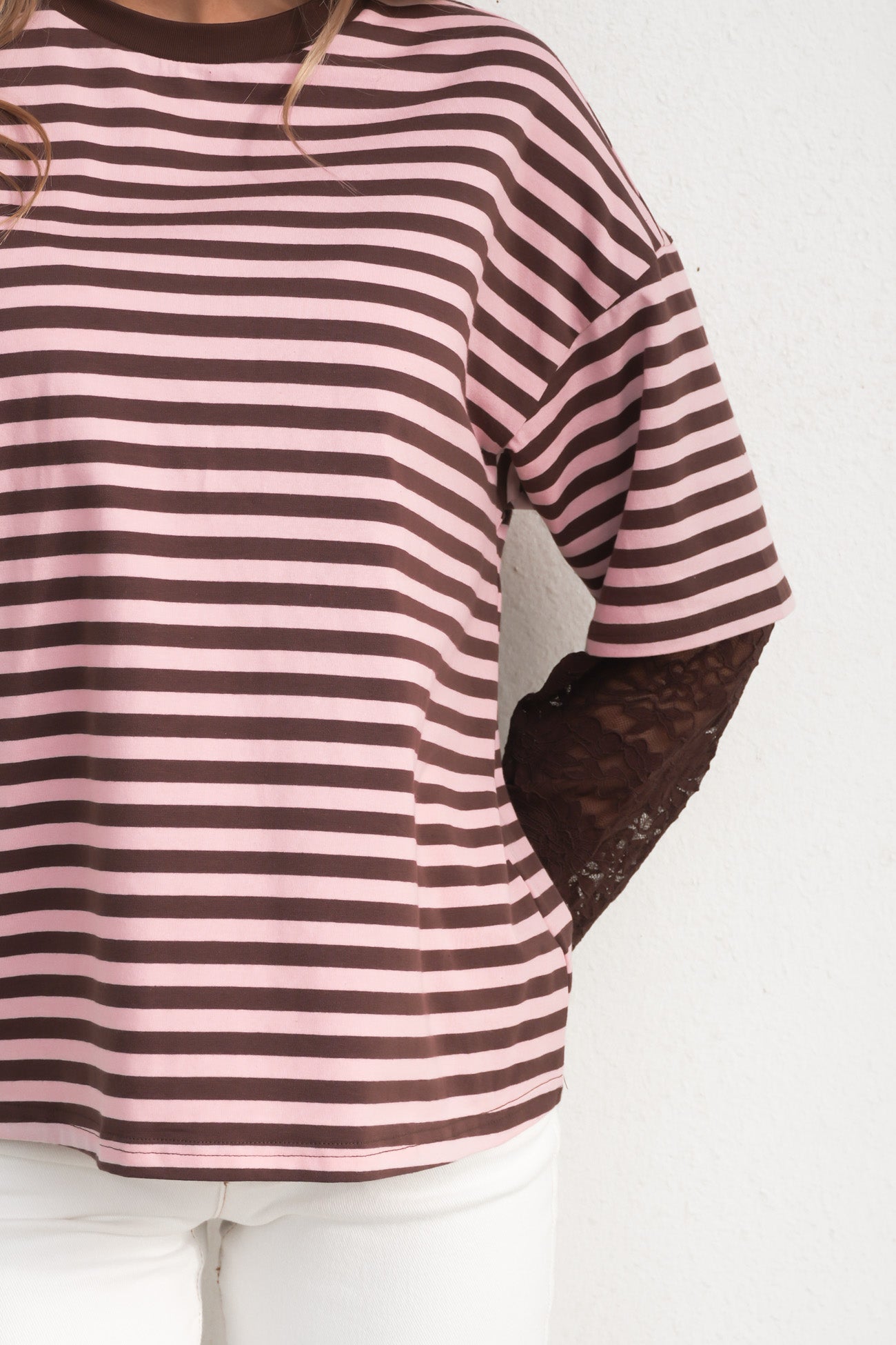 Amelia Lace Long Sleeve Tee Chocolate Pink Stripe