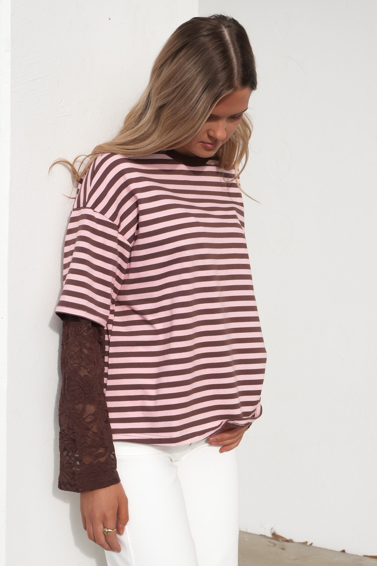 Amelia Lace Long Sleeve Tee Chocolate Pink Stripe