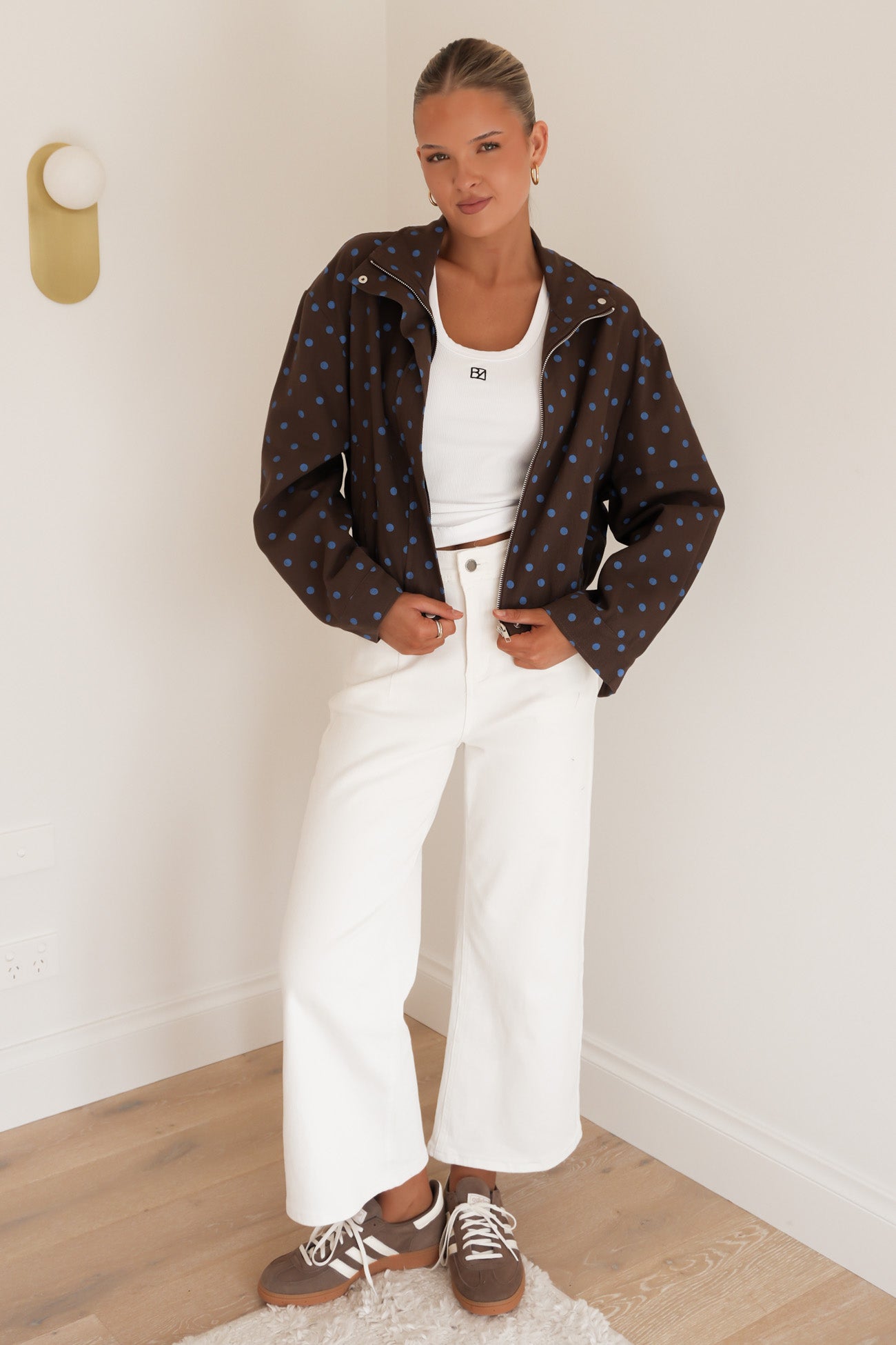 Brittany Denim Jacket Chocolate Blue Polka Dot