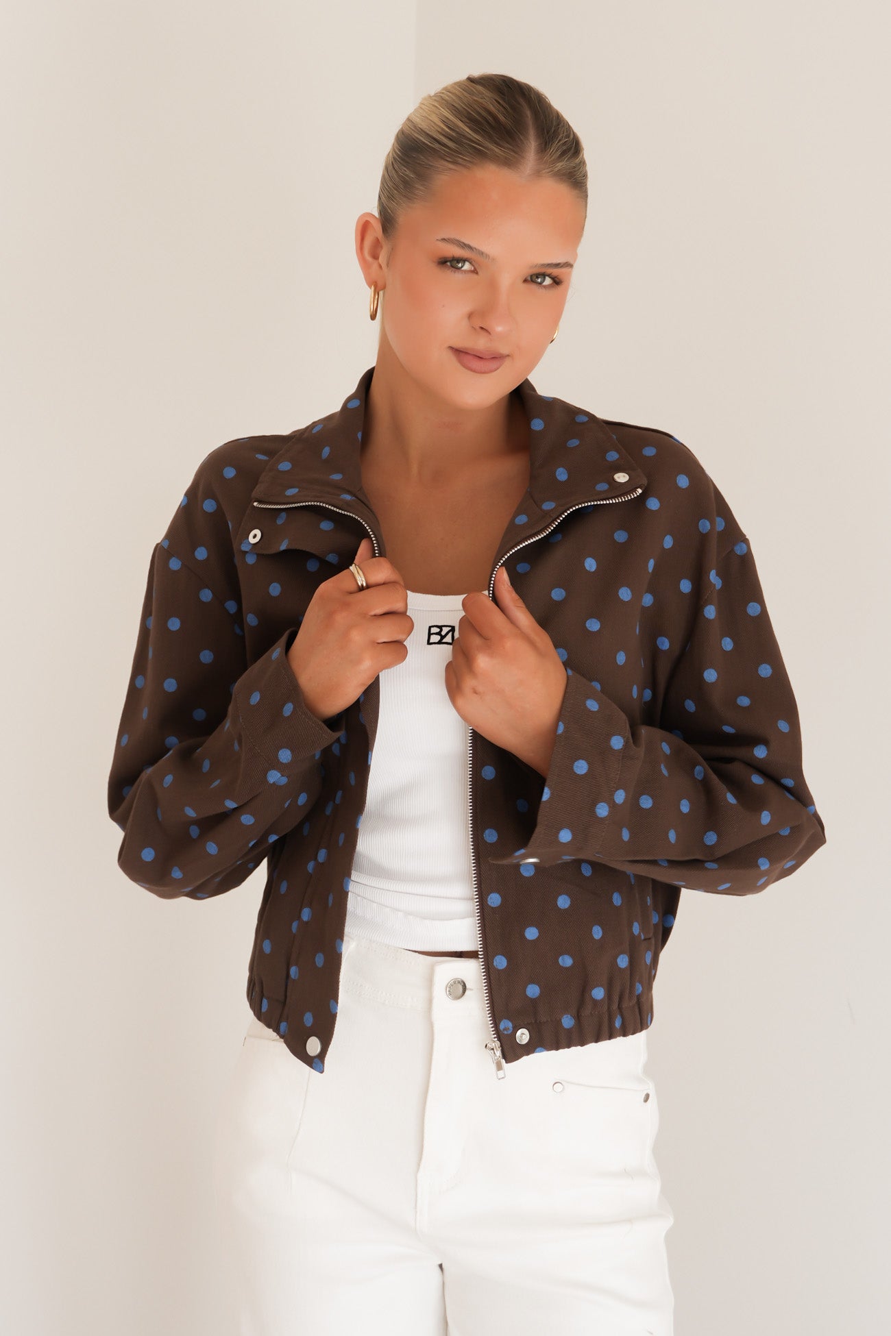 Brittany Denim Jacket Chocolate Blue Polka Dot
