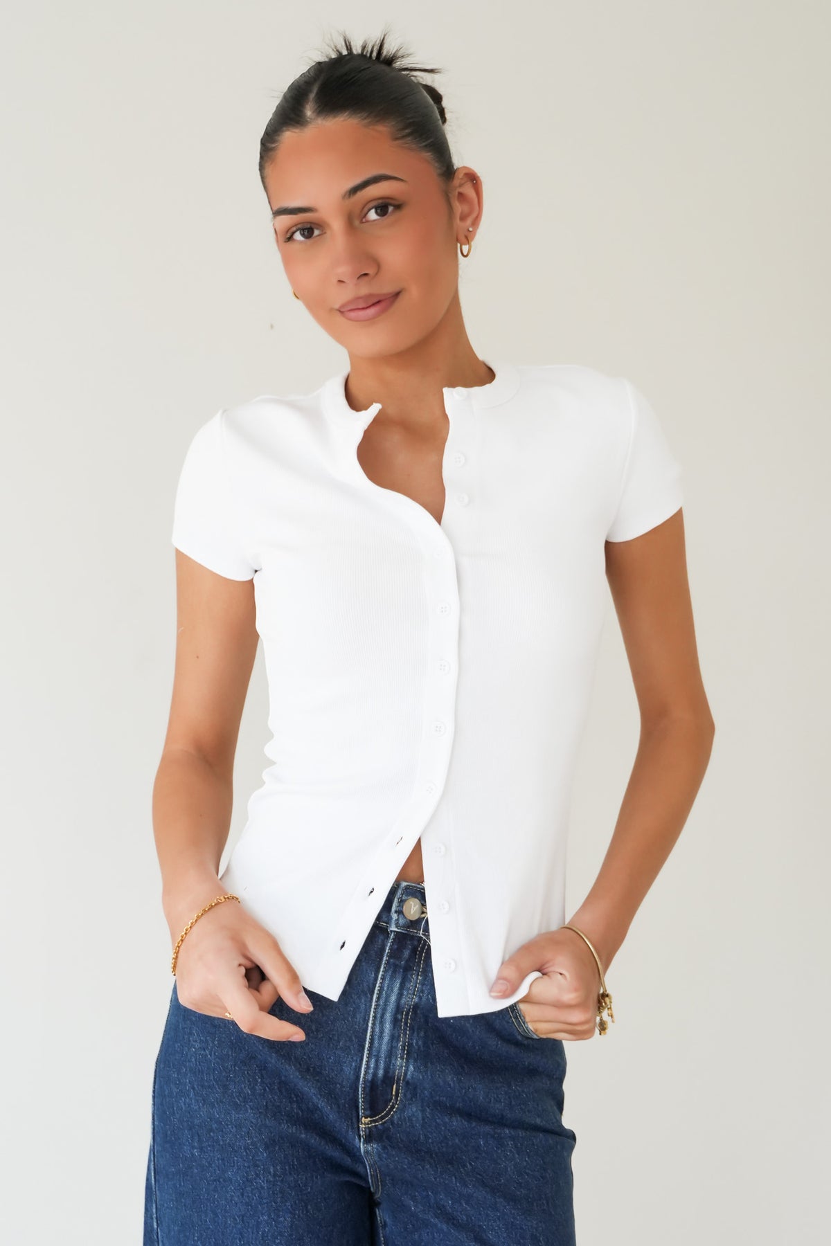 Button Up Short Sleeve Tee White