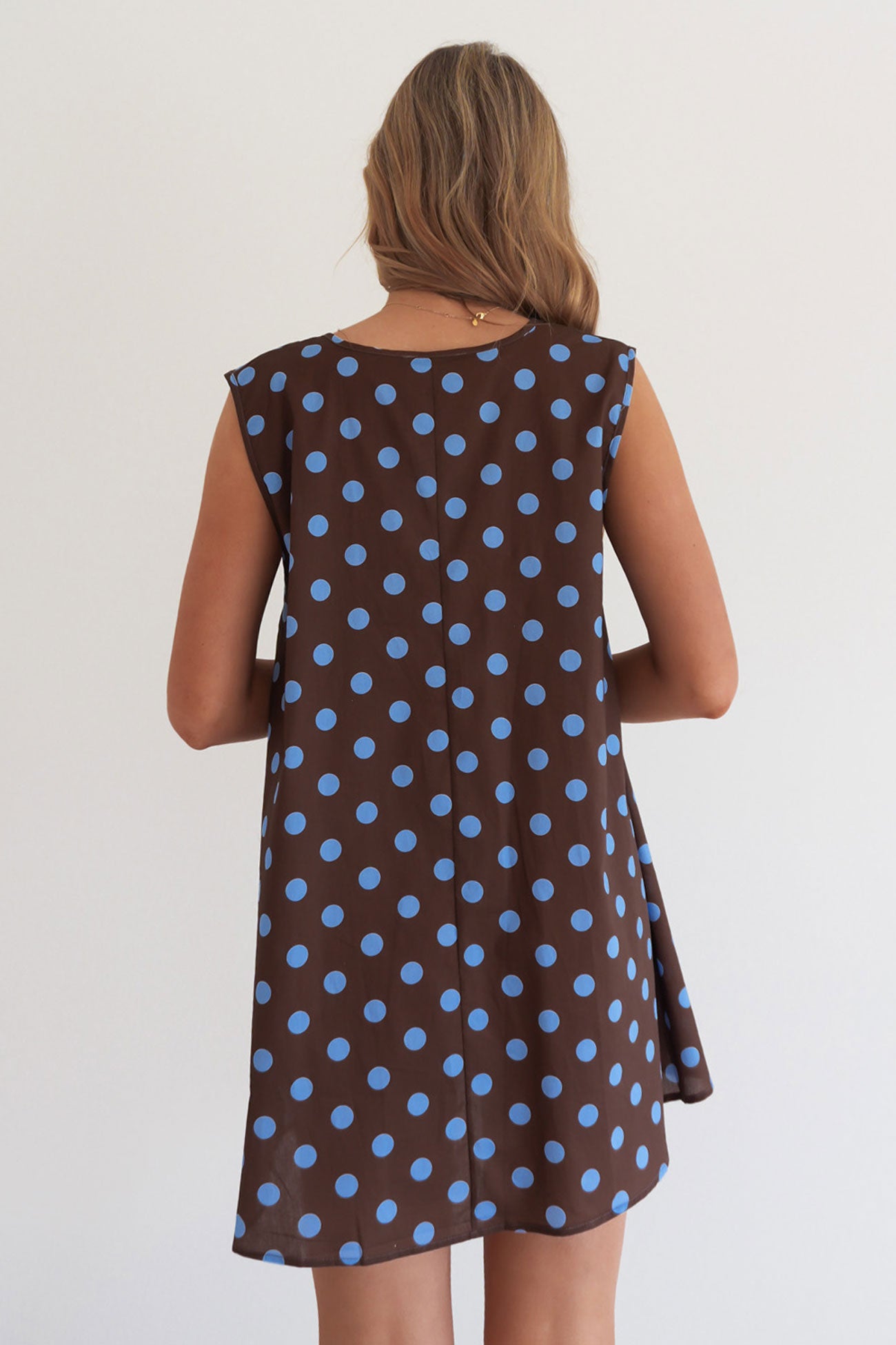 Caitlin Mini Dress Chocolate Blue Polka Dot