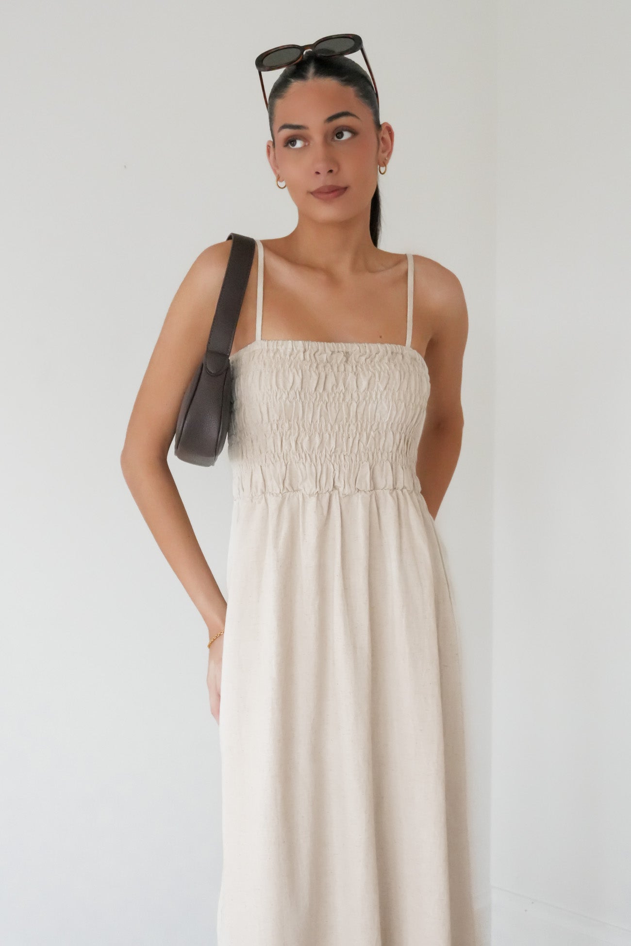 Classic Shirred Midi Dress Oat