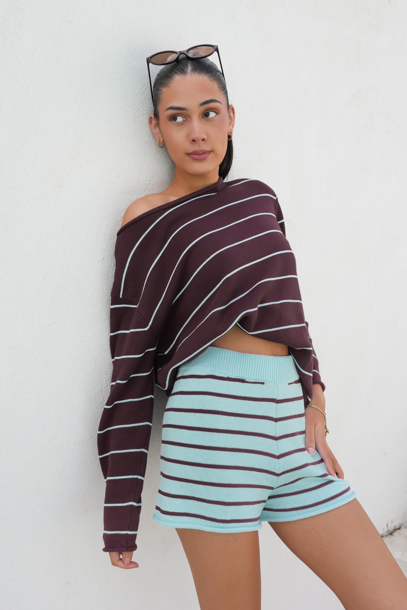 Danney Knit Jumper Chocolate Aqua Stripe
