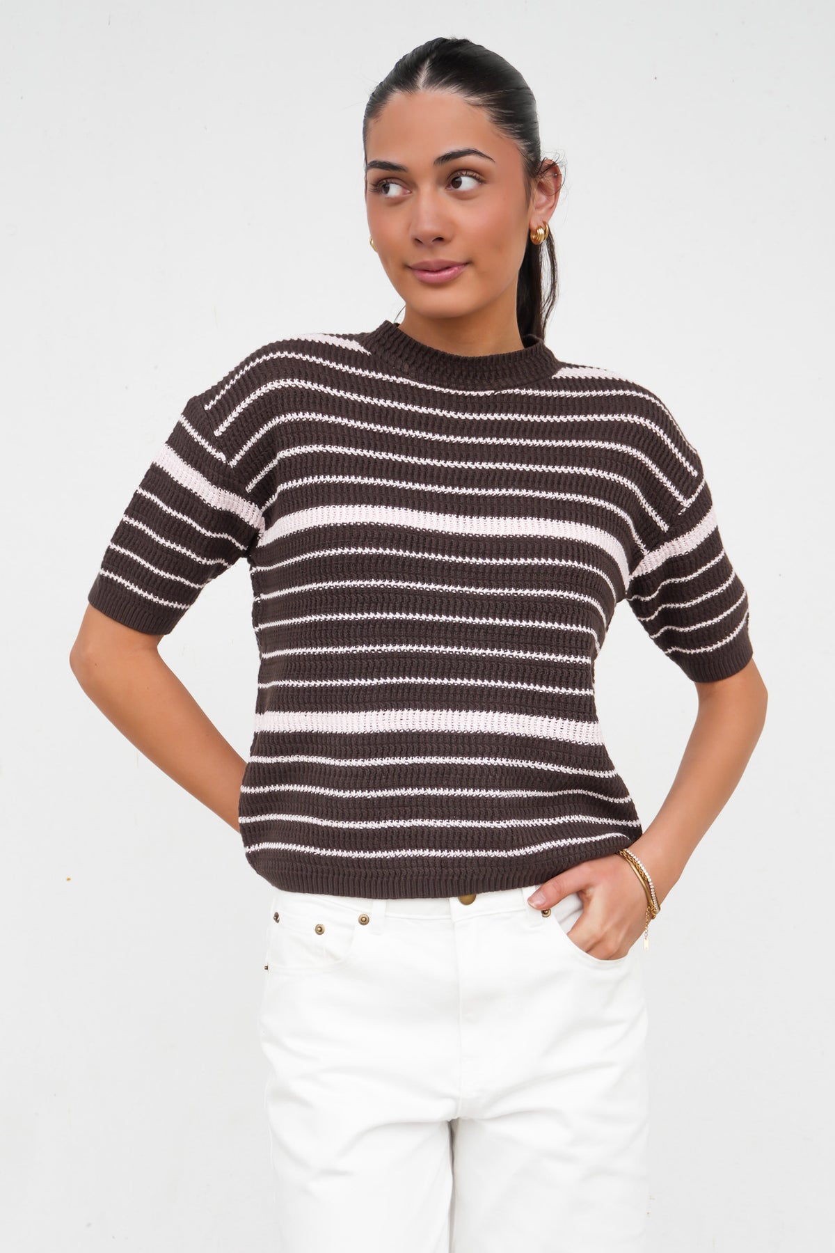Dylan Knit Tee Chocolate Pink Stripe