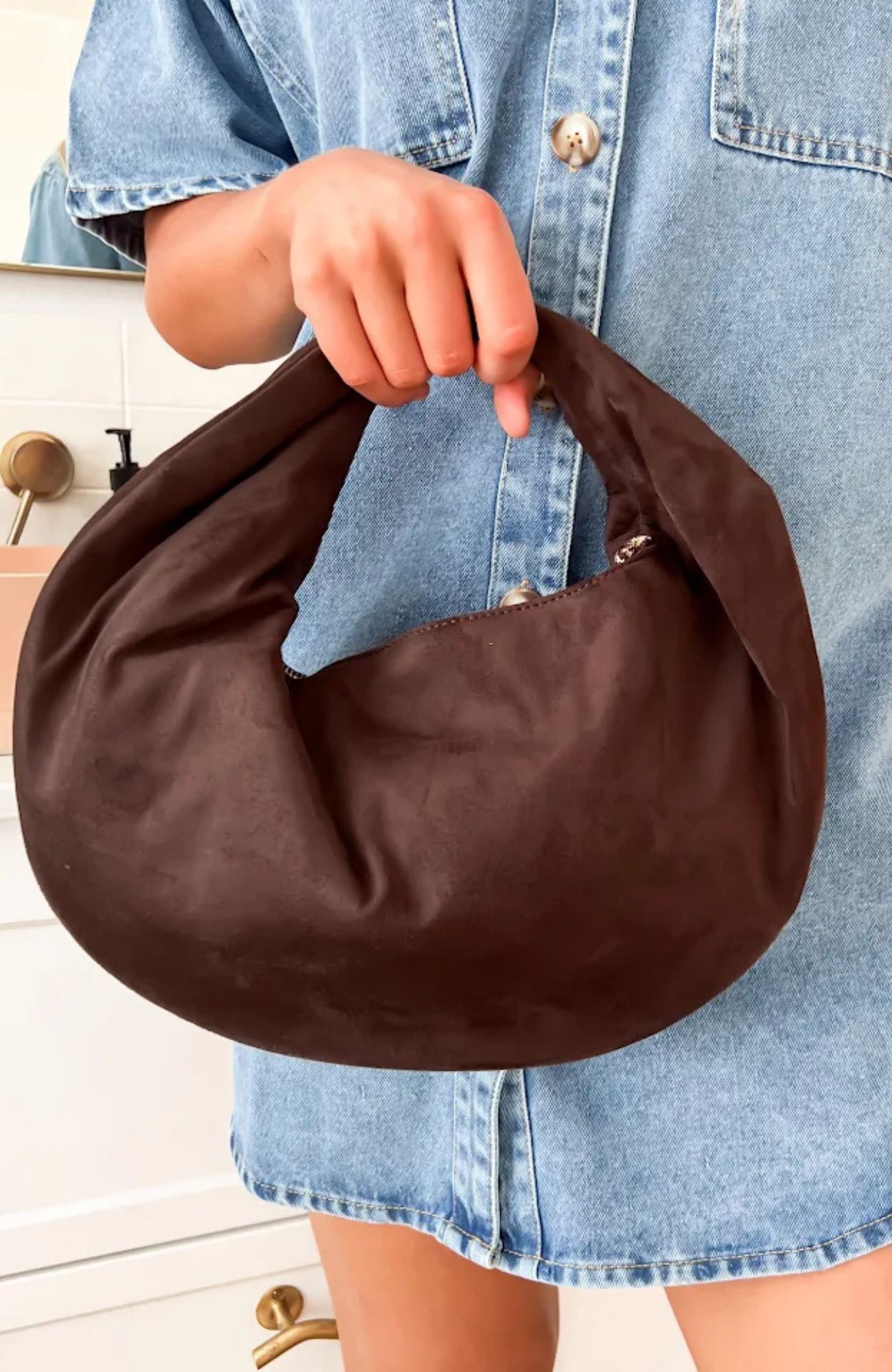 Elena Handle Bag Dark Cacao Suede