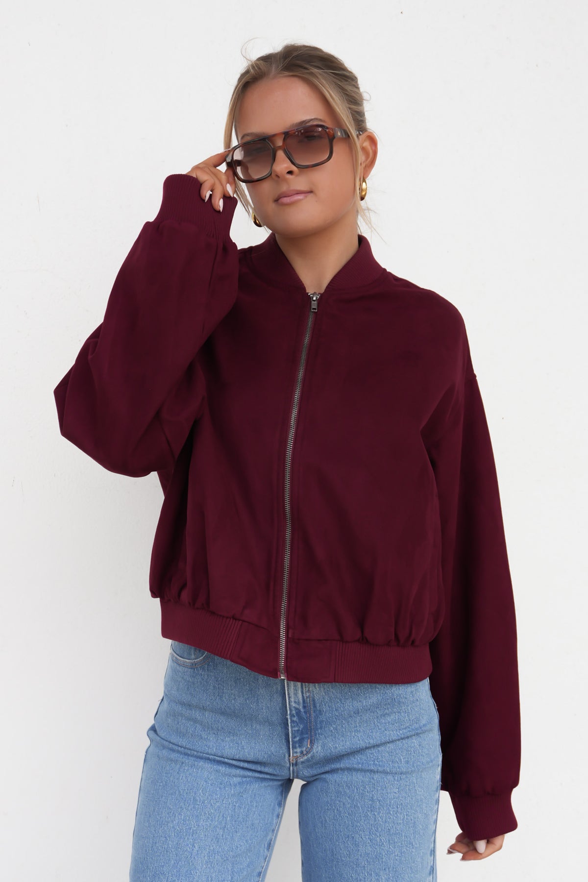 Evie Suede Bomber Burgundy