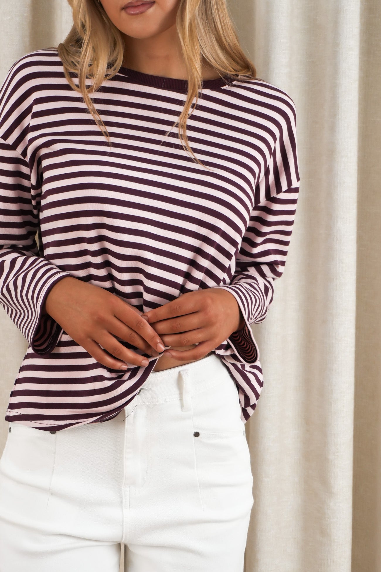 Franco Stripe Long Sleeve Tee Blush Burgundy