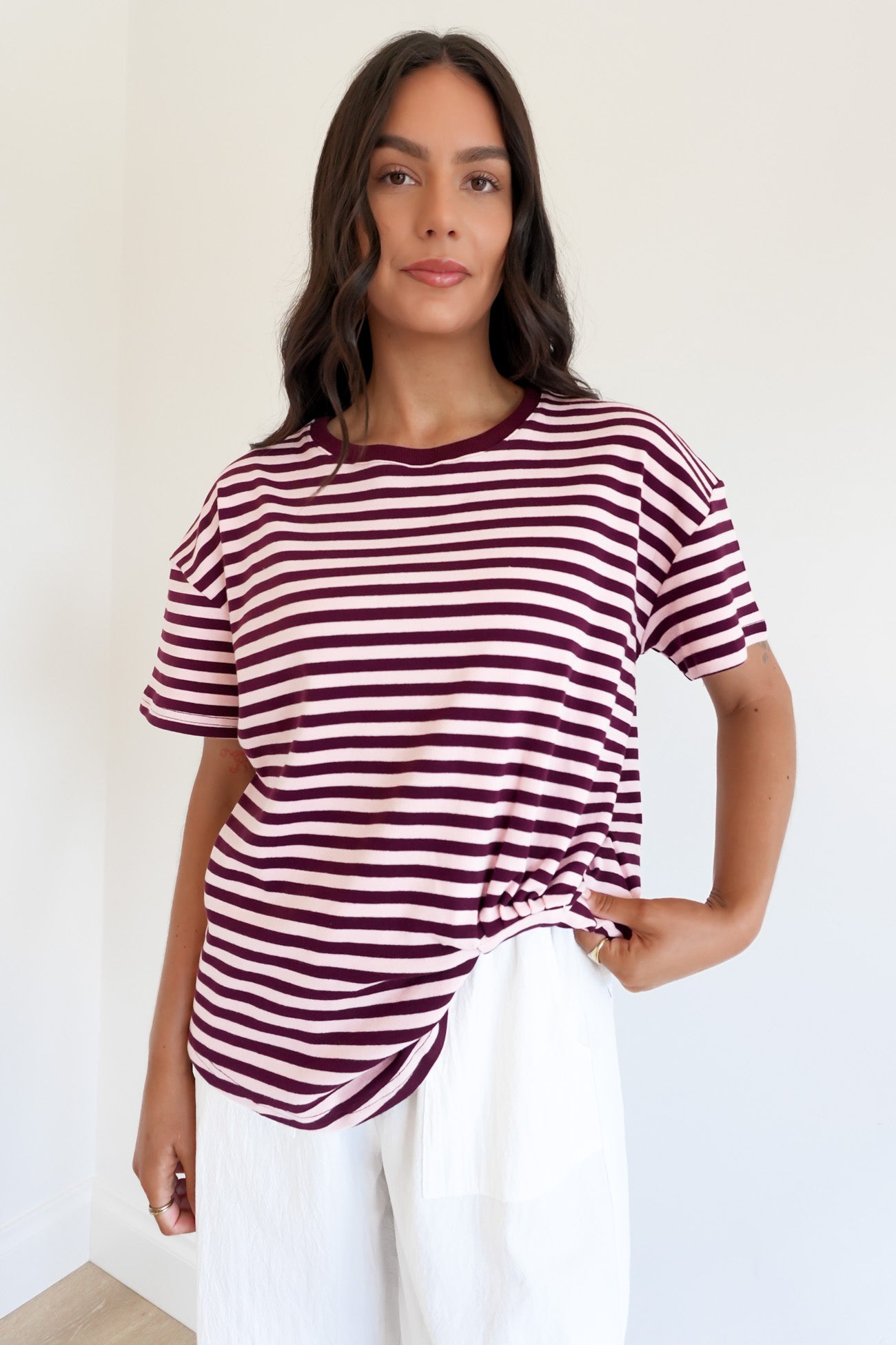 Franco Stripe Tee Blush Burgundy