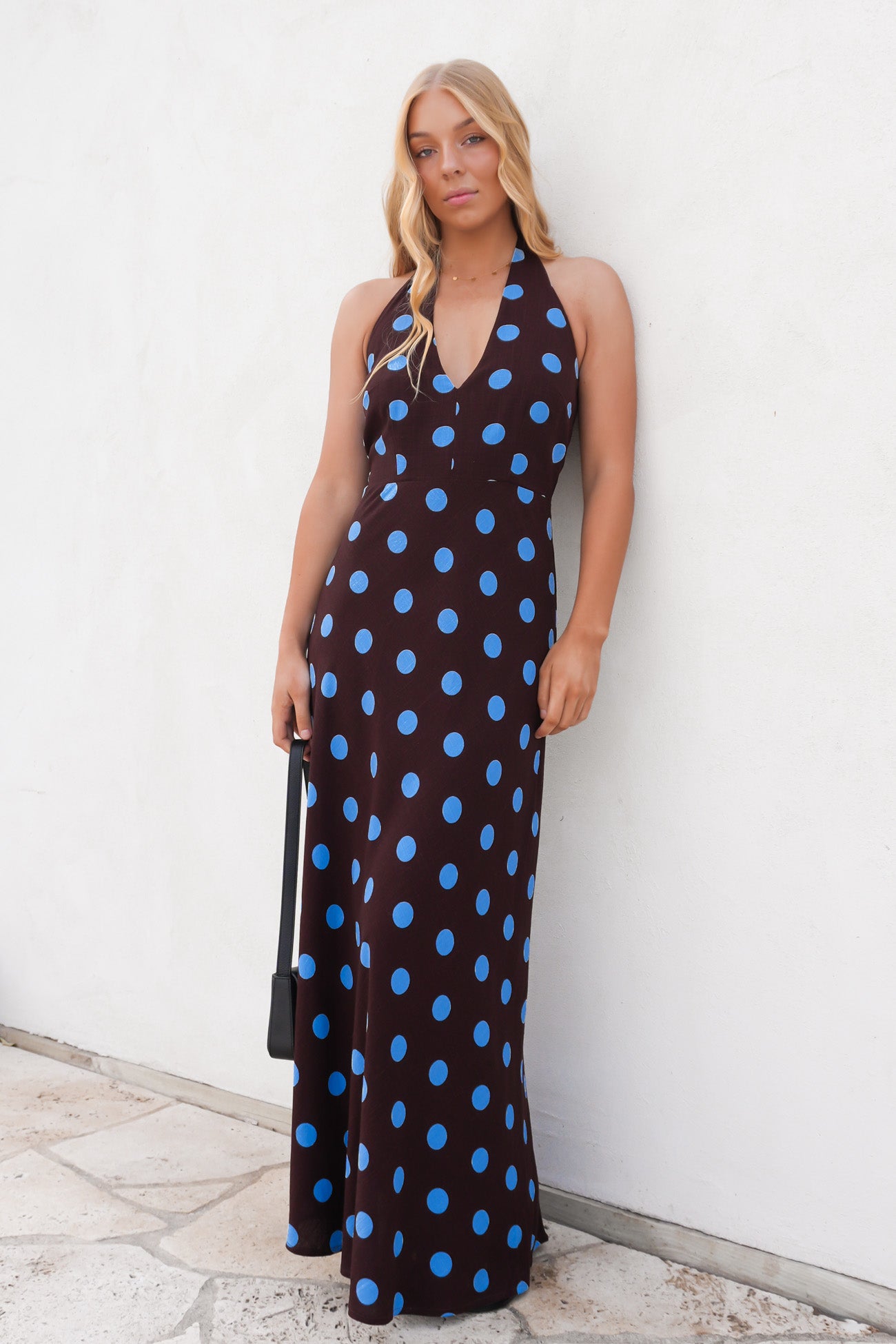 Jen Maxi Dress Chocolate Blue Polka Dot
