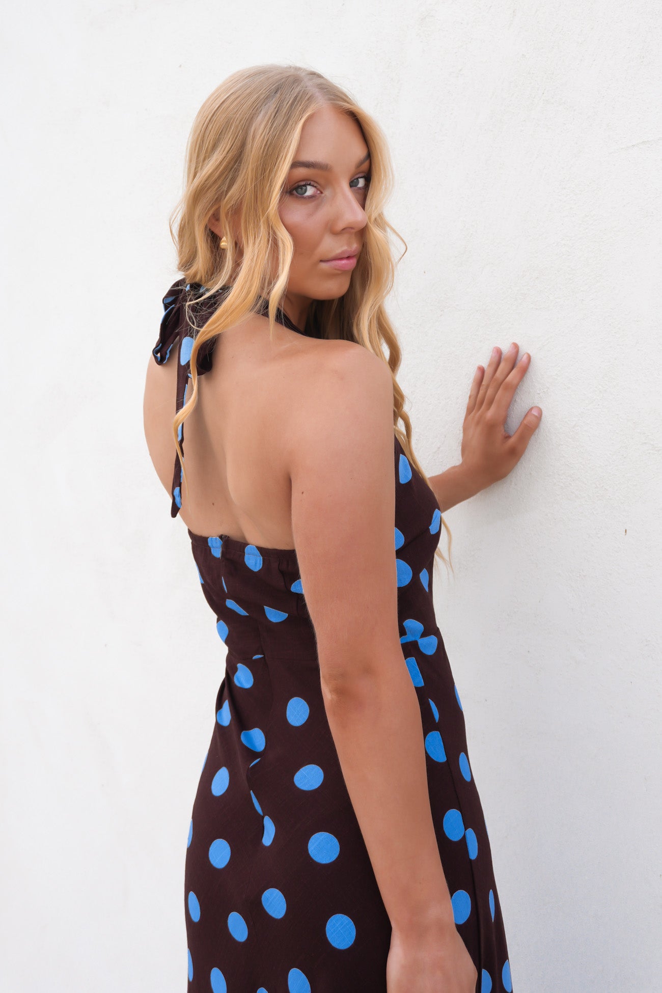 Jen Maxi Dress Chocolate Blue Polka Dot
