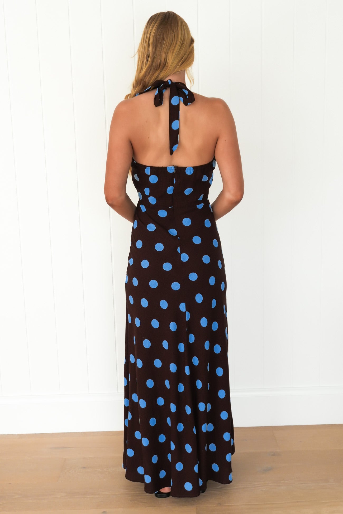 Jen Maxi Dress Chocolate Blue Polka Dot