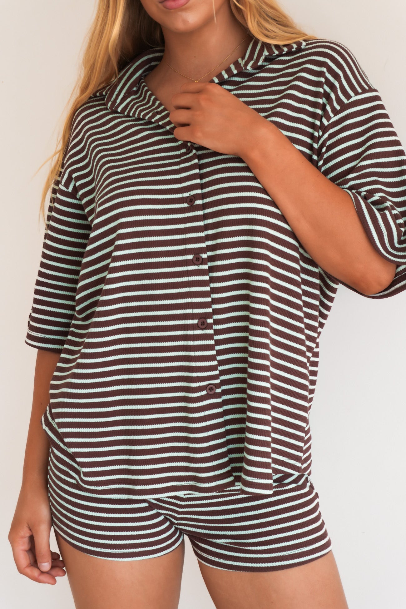 Kelcie Ribbed Set Chocolate Blue Stripe