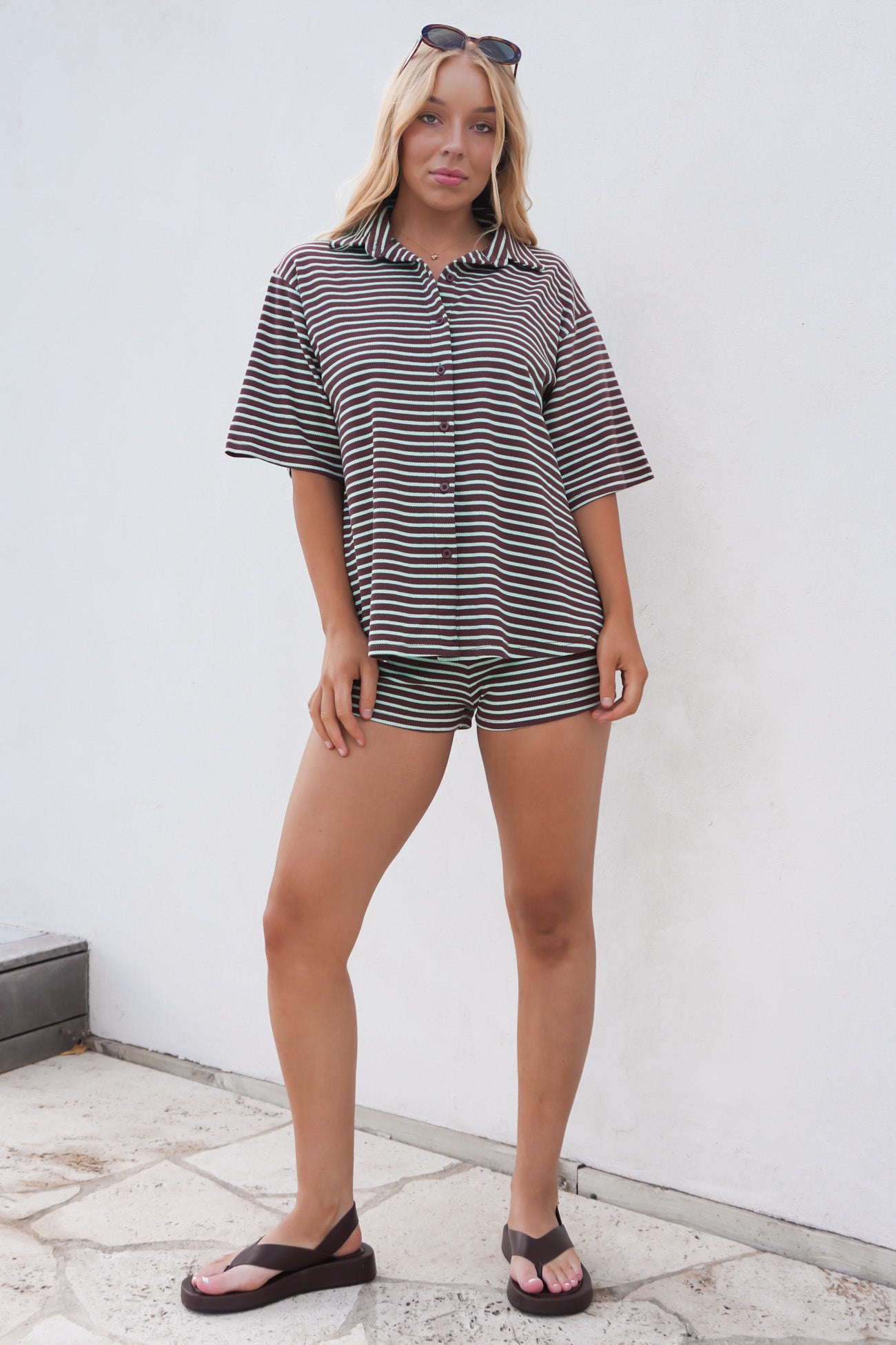 Kelcie Ribbed Set Chocolate Blue Stripe