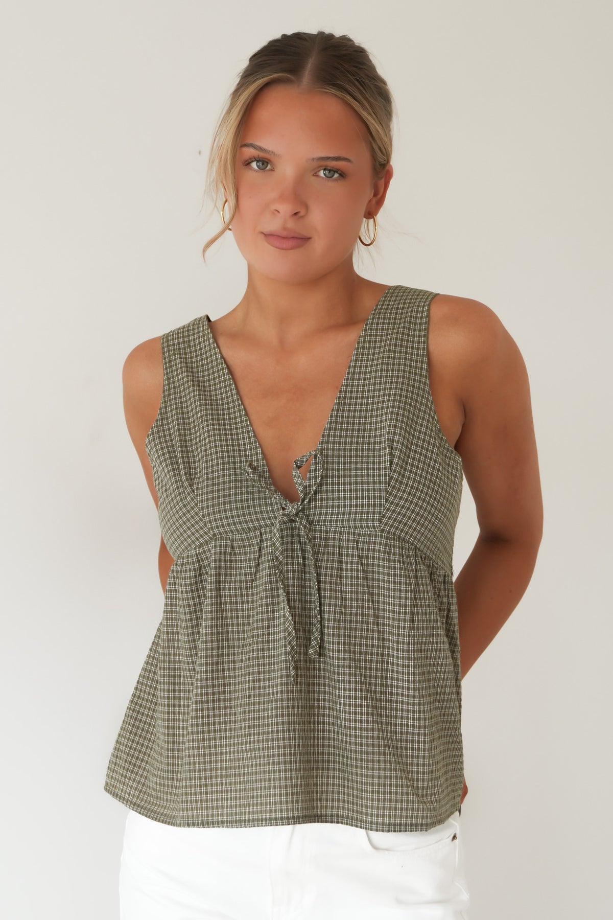 Lenni Check Babydoll Top Olive