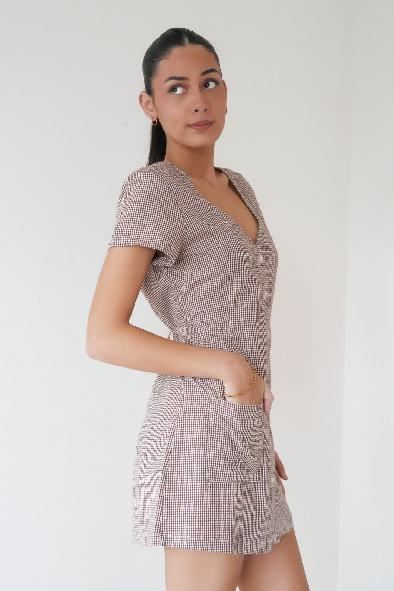 London Check Button Front Mini Dress Chocolate