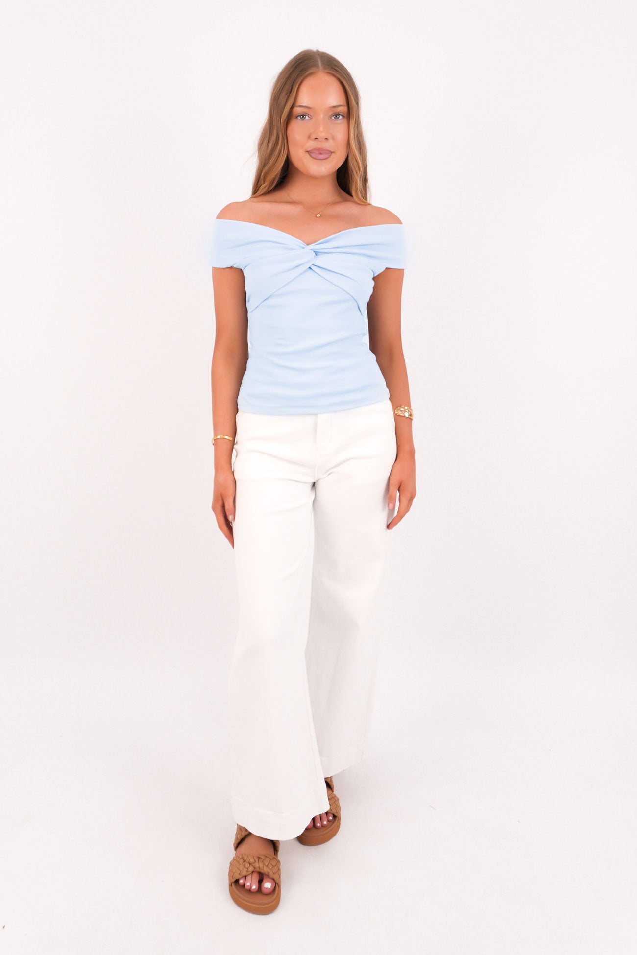 Luxe Knot Off The Shoulder Top Blue