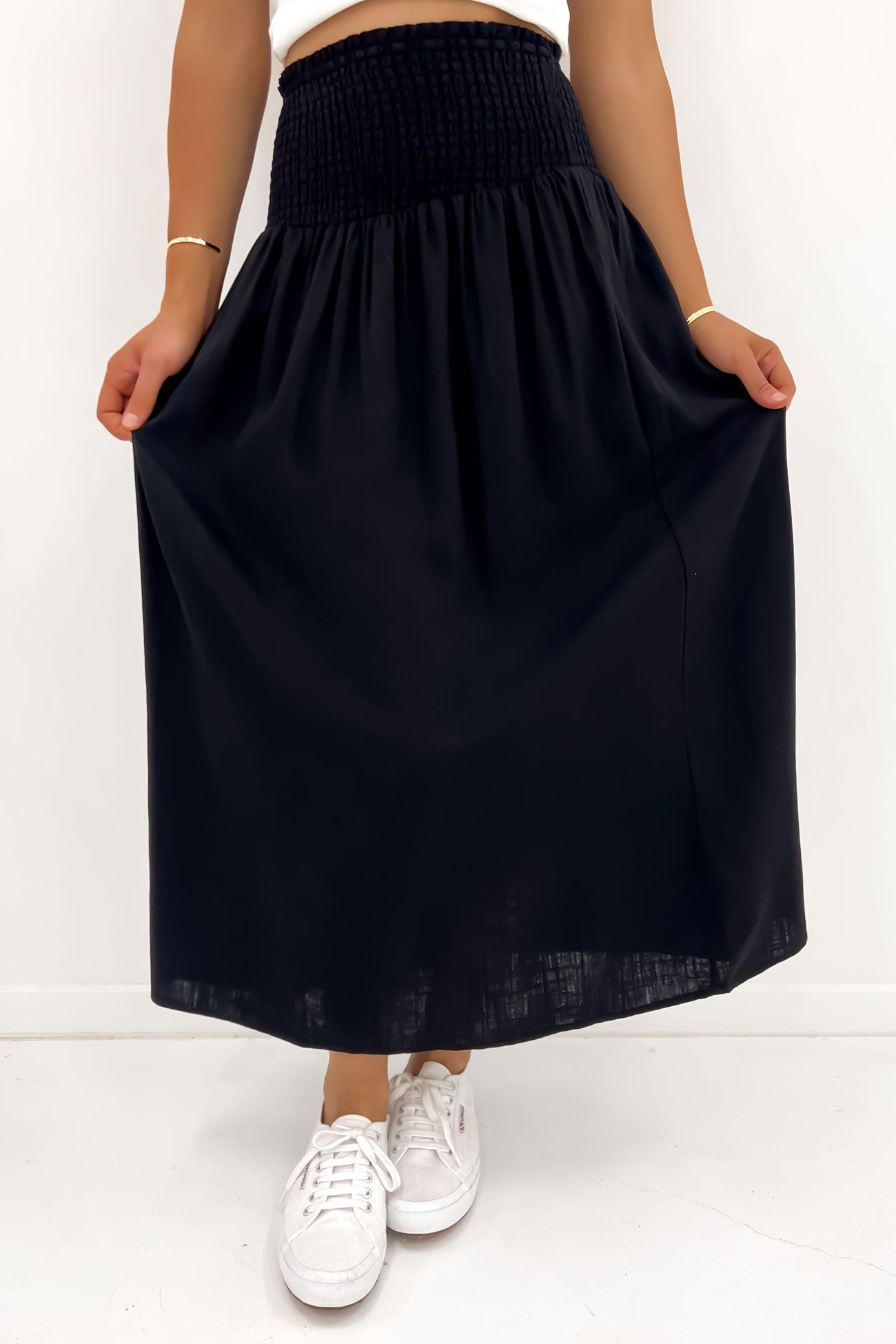 Luxe Linen Shirred Maxi Skirt Black