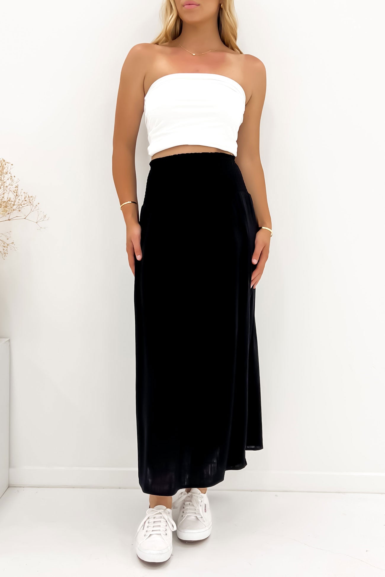 Luxe Linen Shirred Maxi Skirt Black