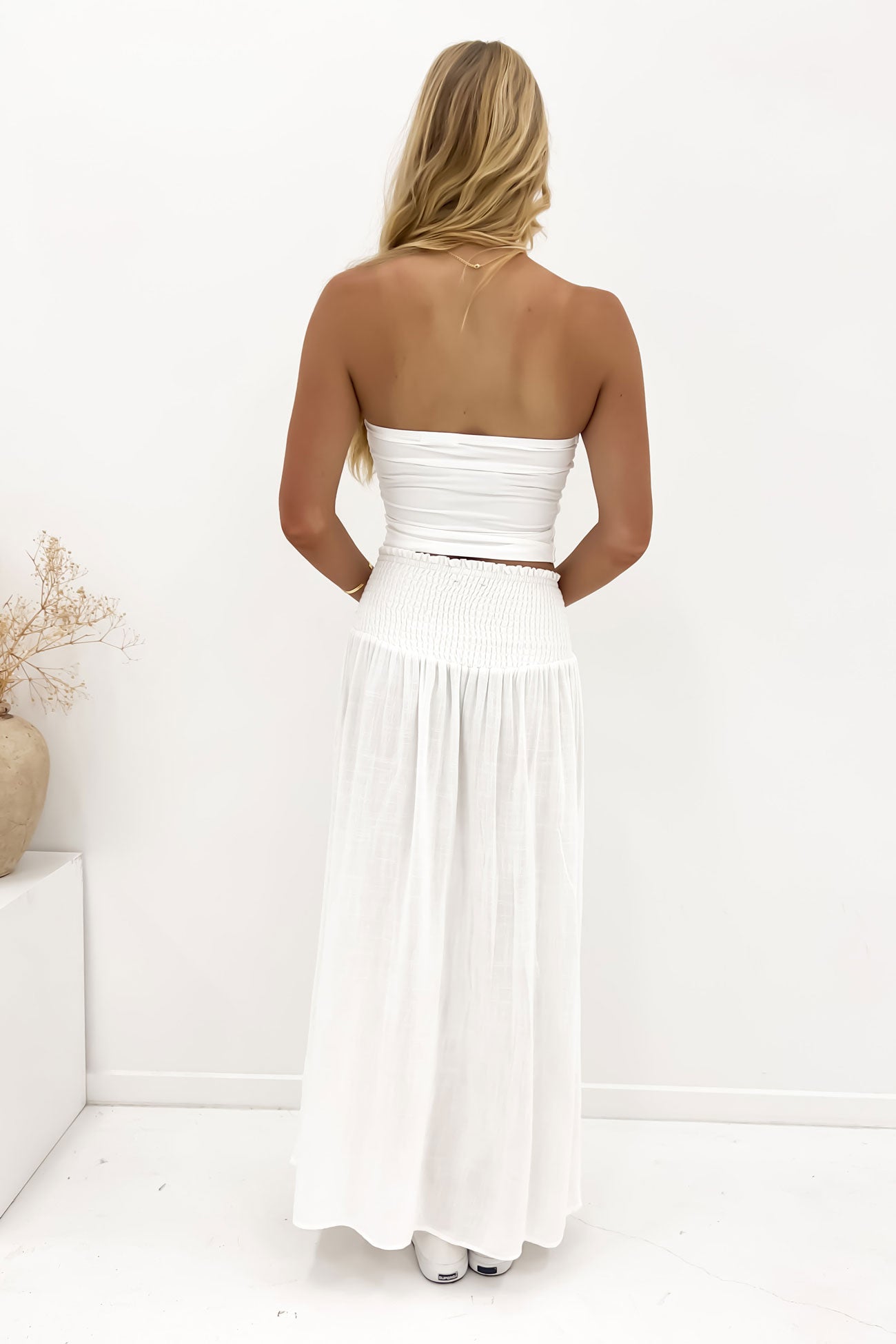 Luxe Linen Shirred Maxi Skirt Vintage White