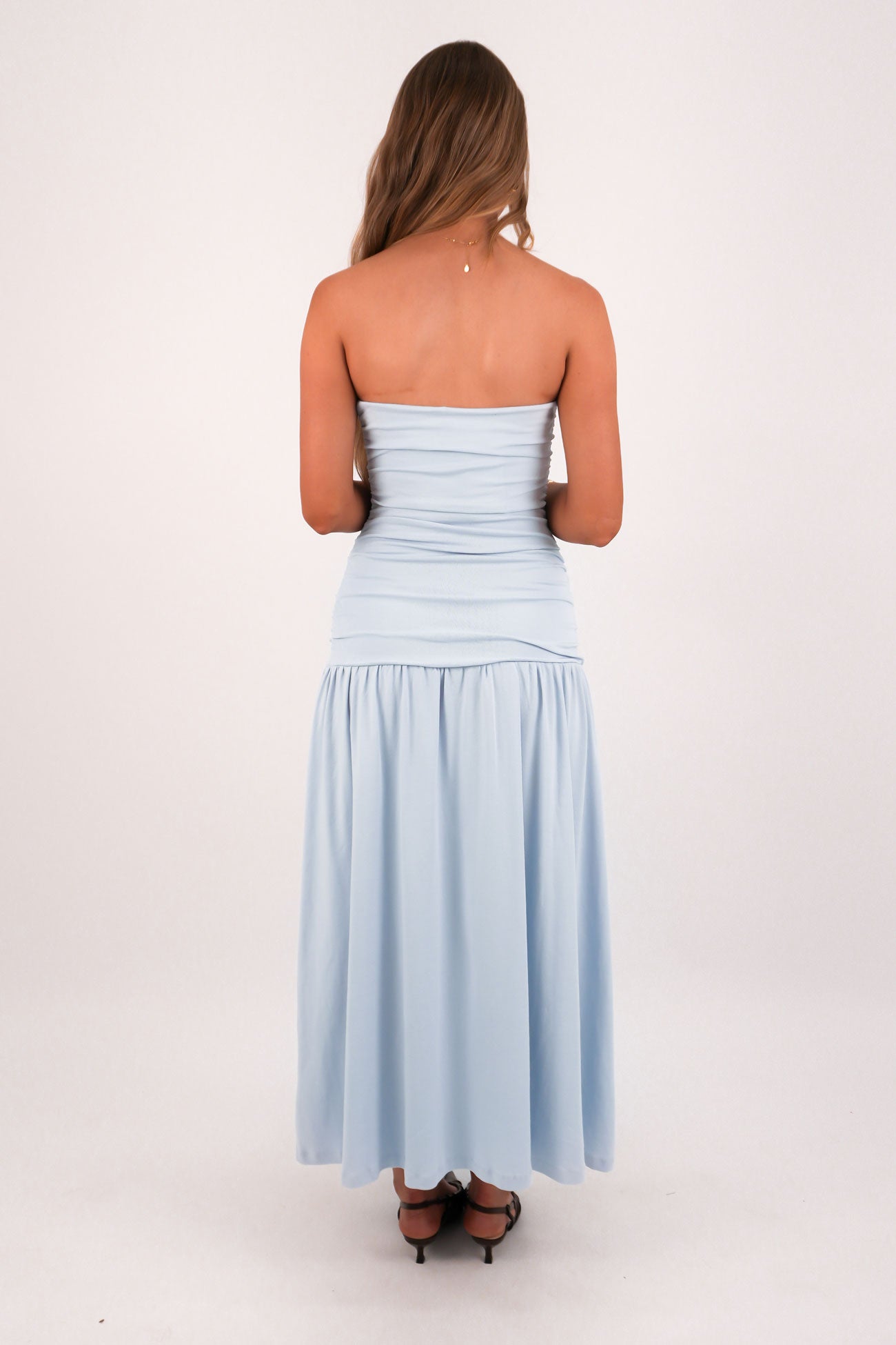 Luxe Strapless Ruched Maxi Dress Blue