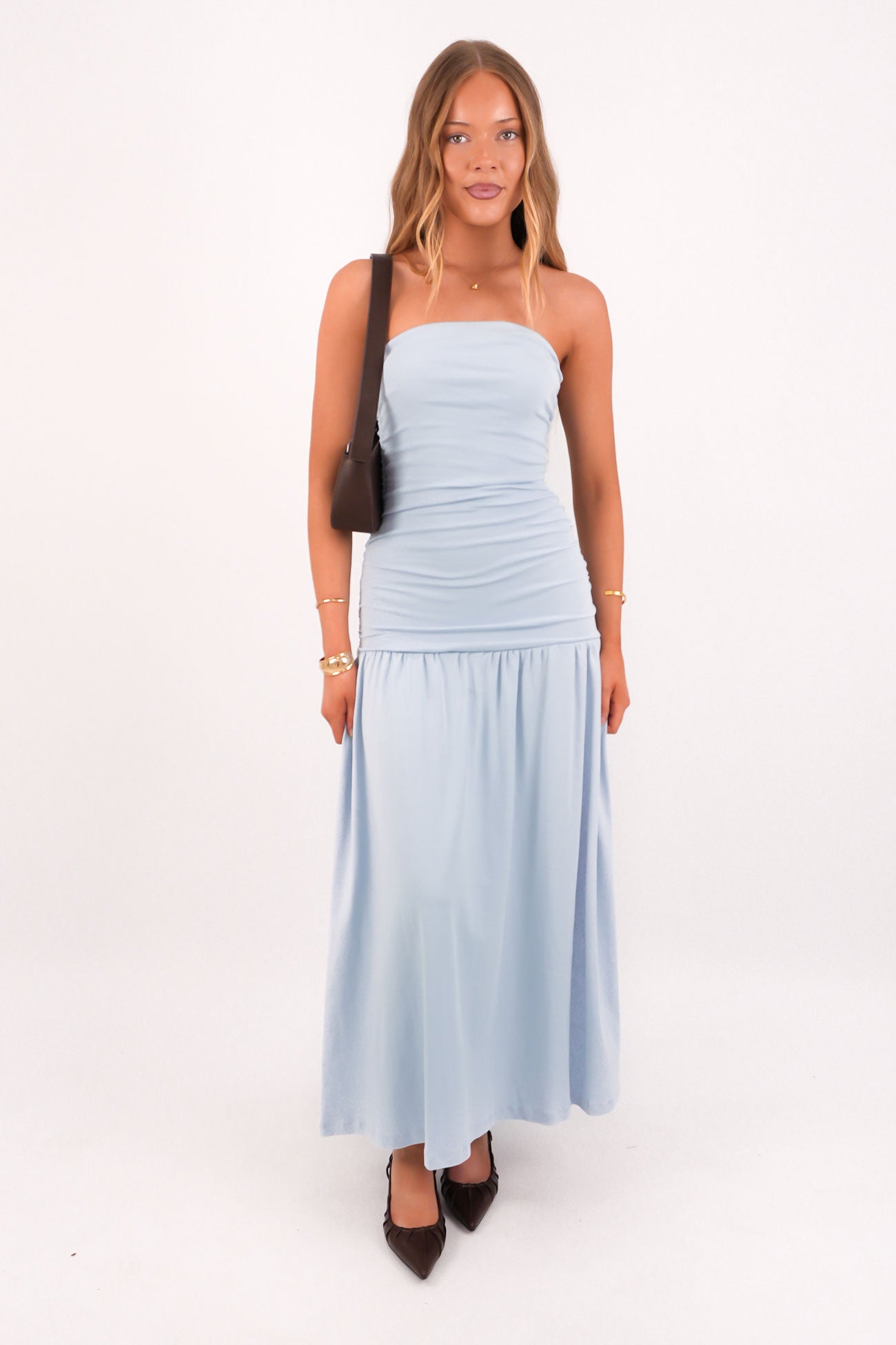 Luxe Strapless Ruched Maxi Dress Blue