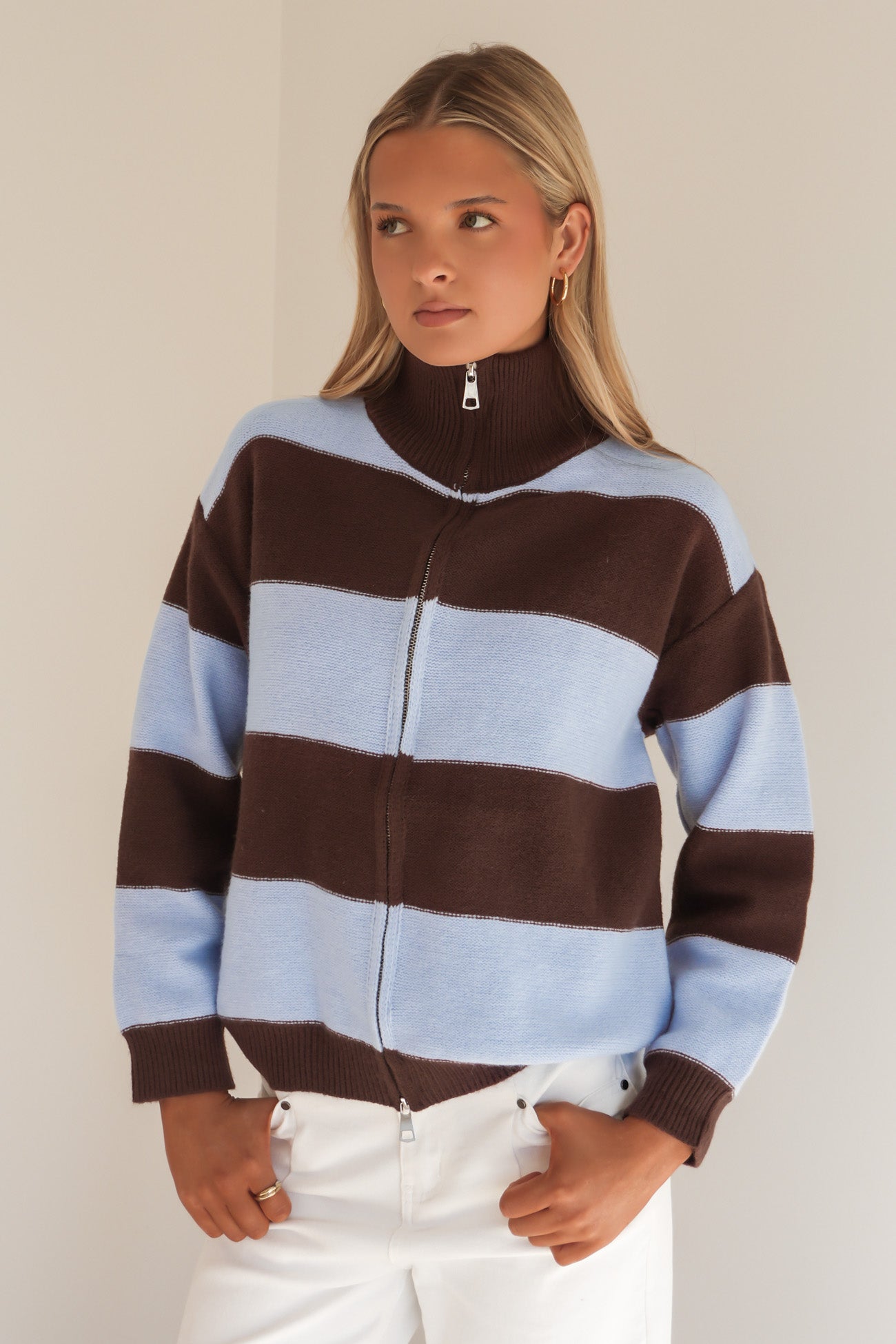 Melisah Double Zip Knit Jumper Blue Chocolate