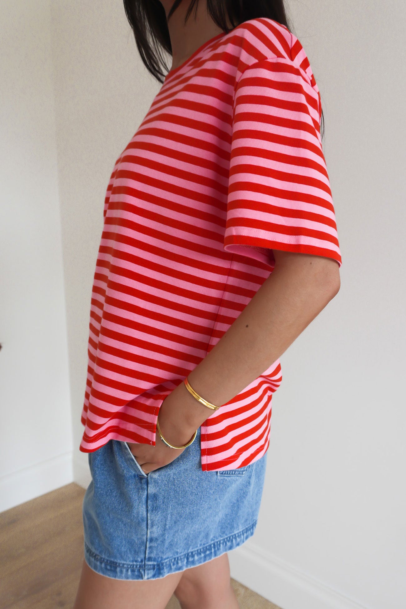 Relax Boxy Tee Pink Red Stripe