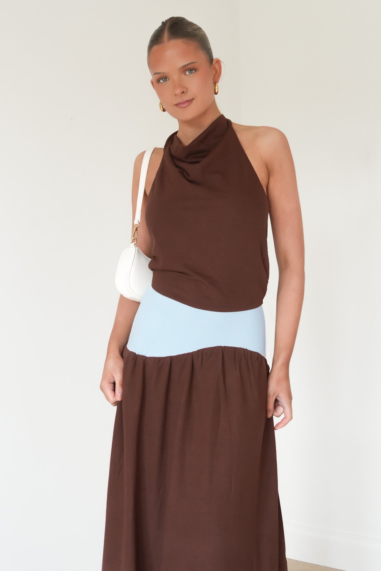 Rhiannan Halter Maxi Dress Chocolate Blue