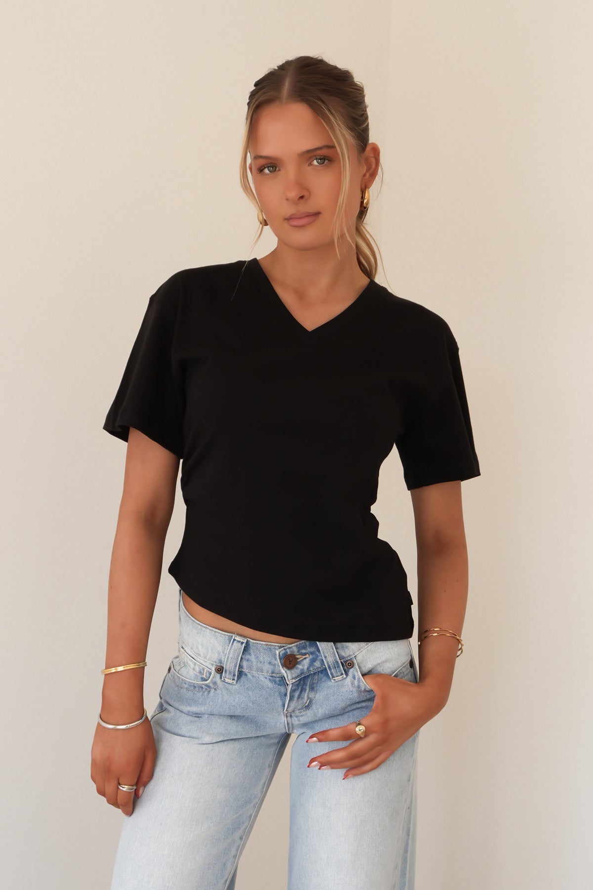 Ruched Vee Tee Black