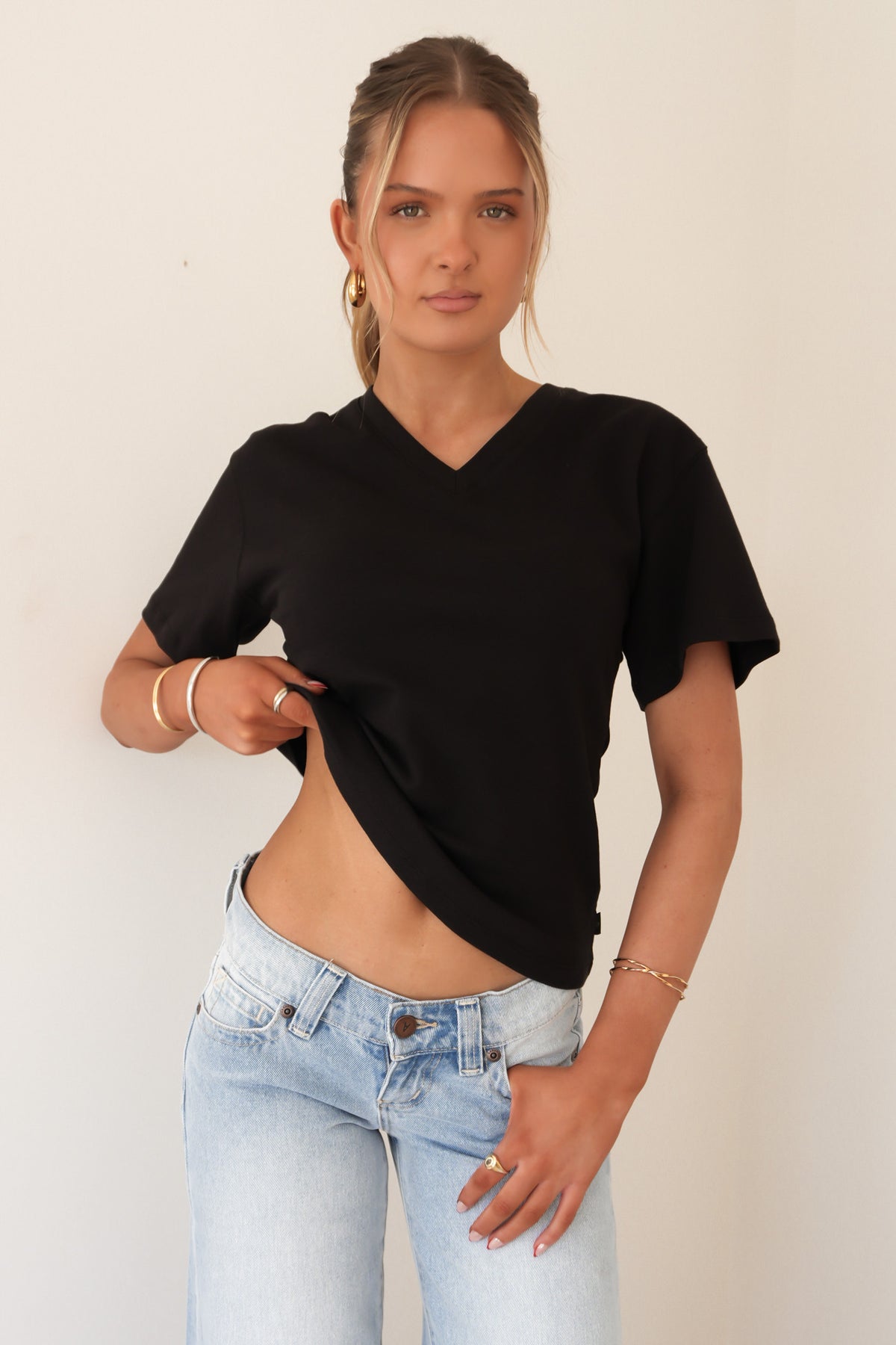 Ruched Vee Tee Black