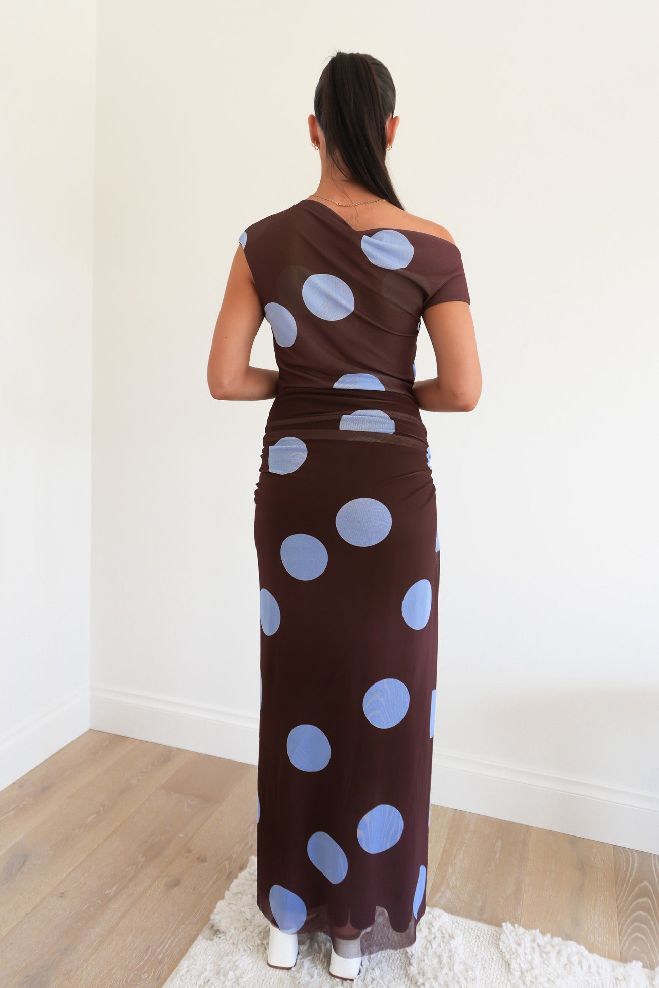 Sabina Maxi Dress Chocolate Blue Polka Dot
