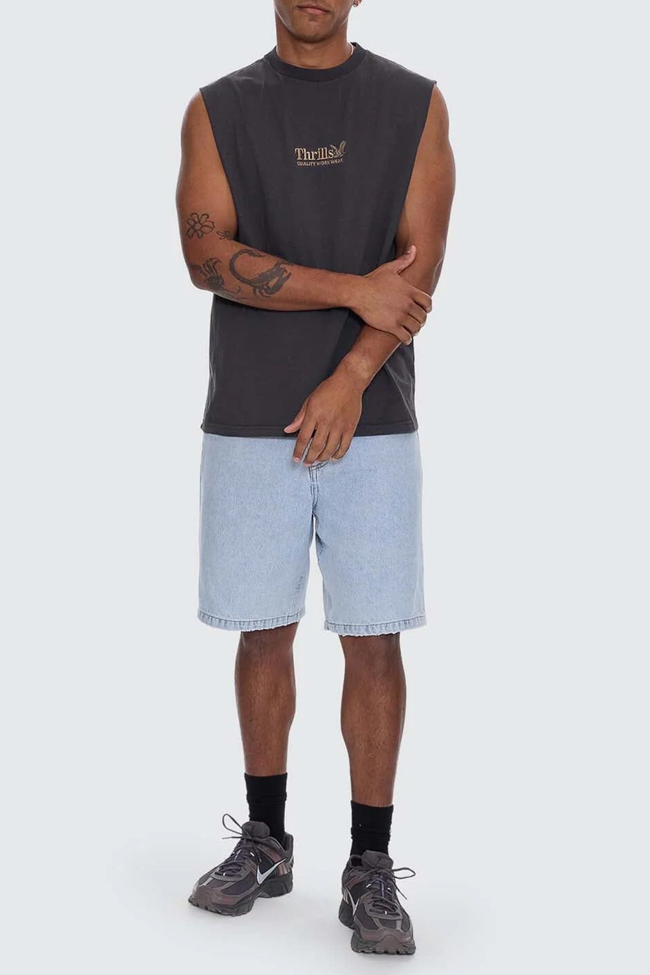 Thrills Workwear Embro Merch Fit Muscle Tee Dark Charcoal