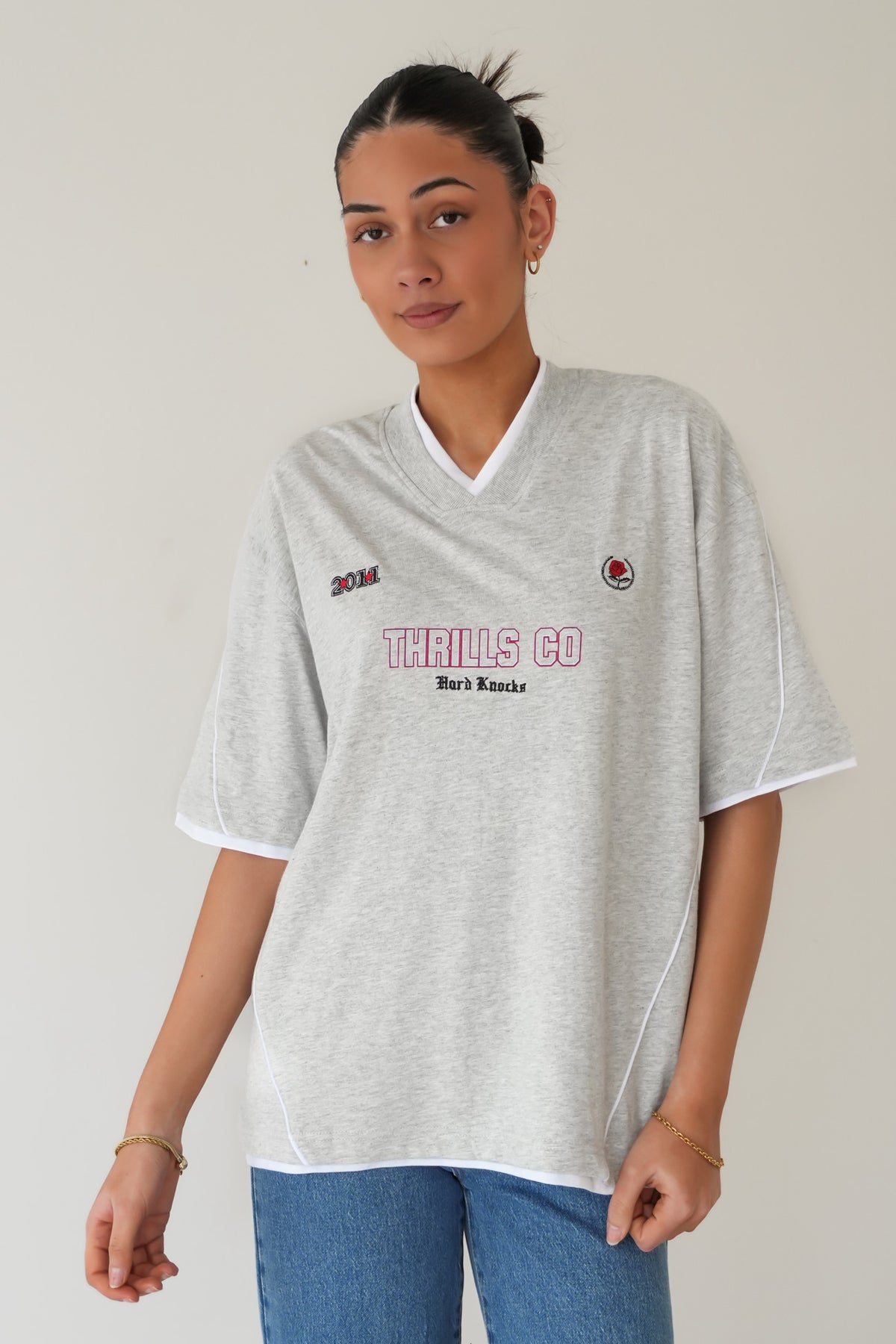 Tournament Of Roses V Neck Oversized Tee Snow Marle