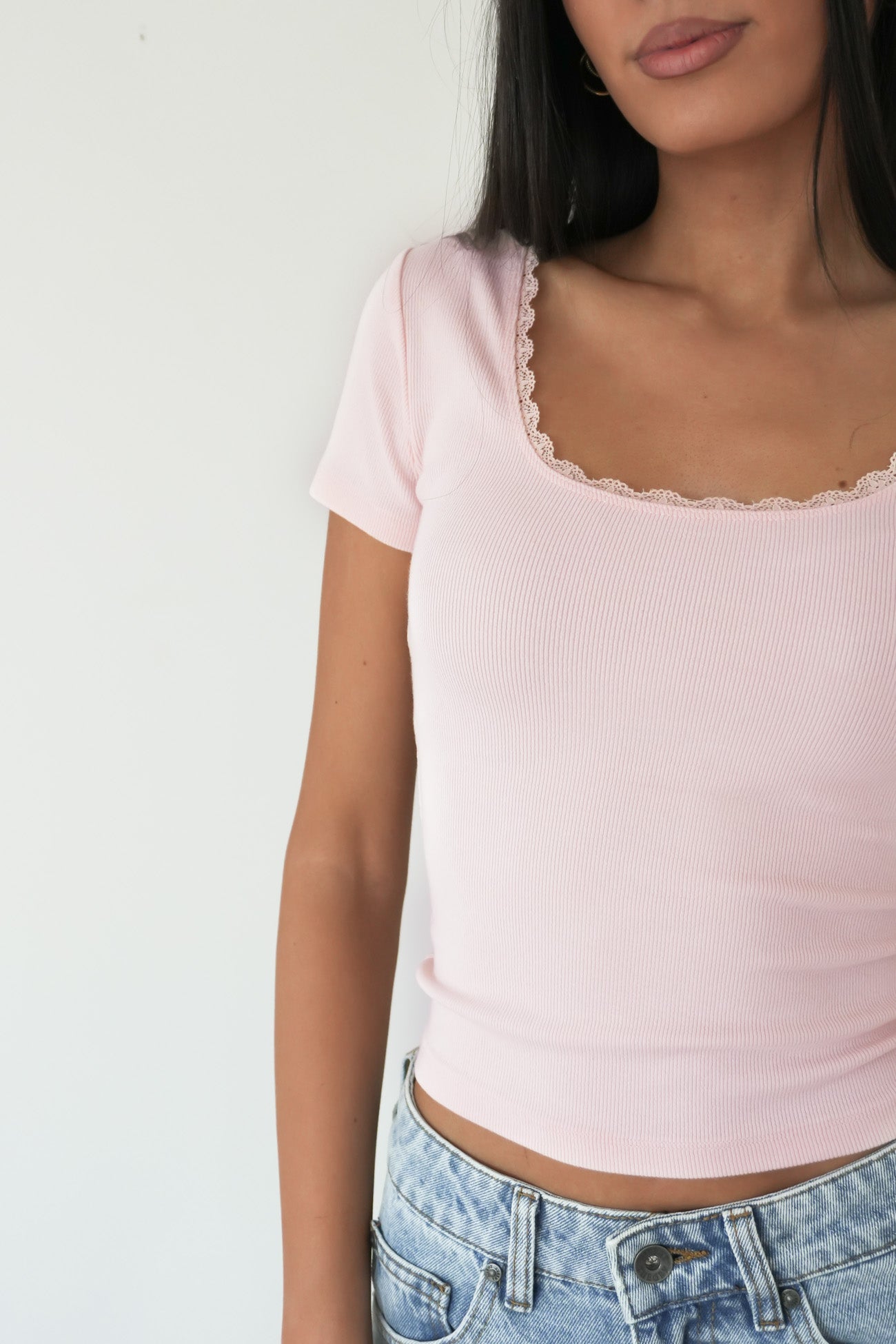 Washed Rib Lace Scoop Neck Tee Pale Pink