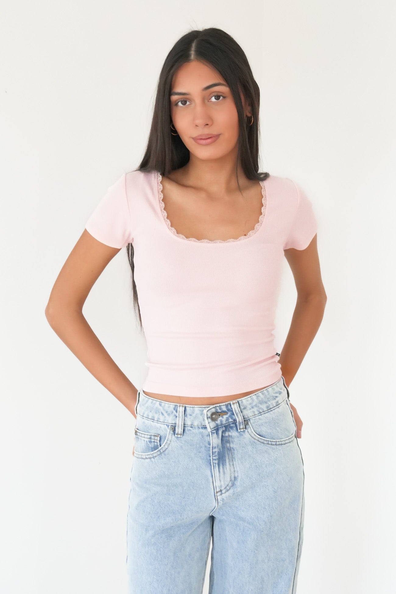 Washed Rib Lace Scoop Neck Tee Pale Pink