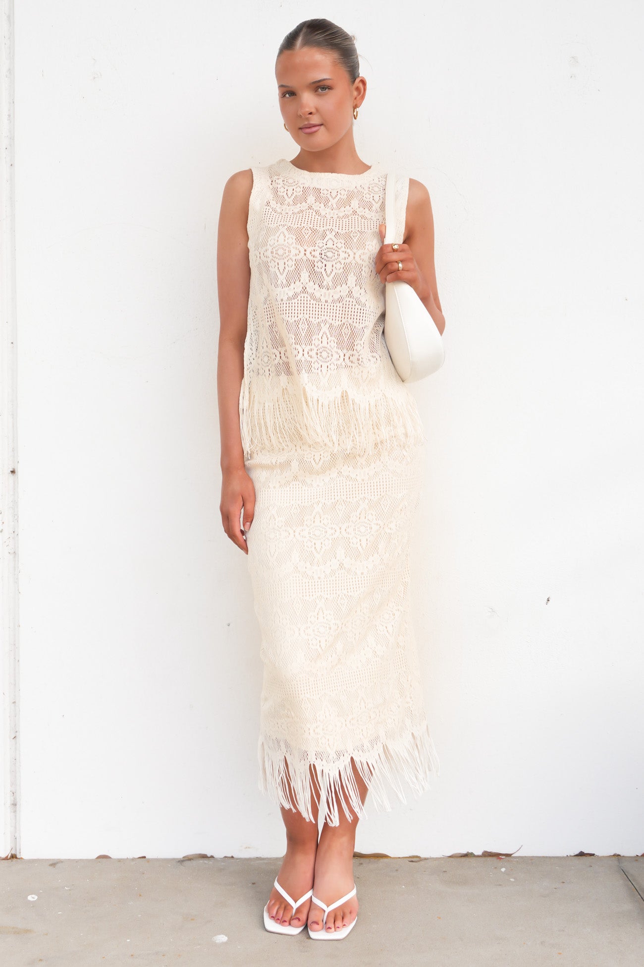 Zarlee Lace Fringe Midi Skirt Ivory
