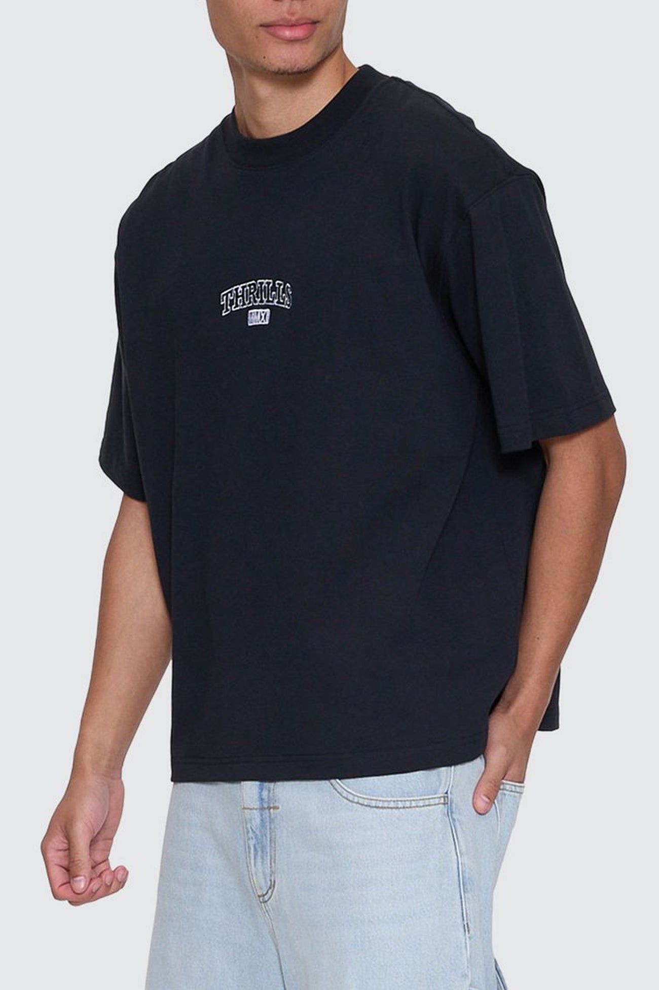 Victory Embro Box Fit Oversize Cropped Contrast Stitch Tee Faded Black