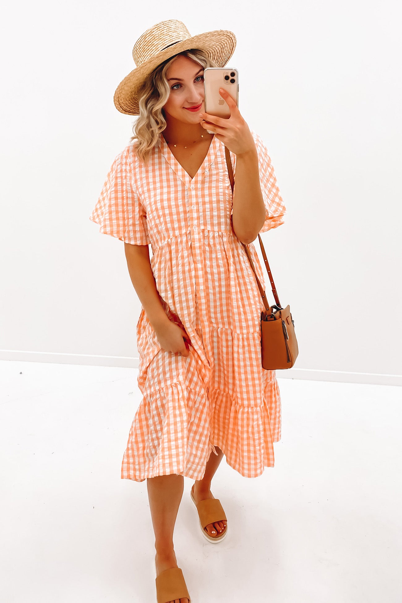 Ainsley Midi Dress Coral Gingham