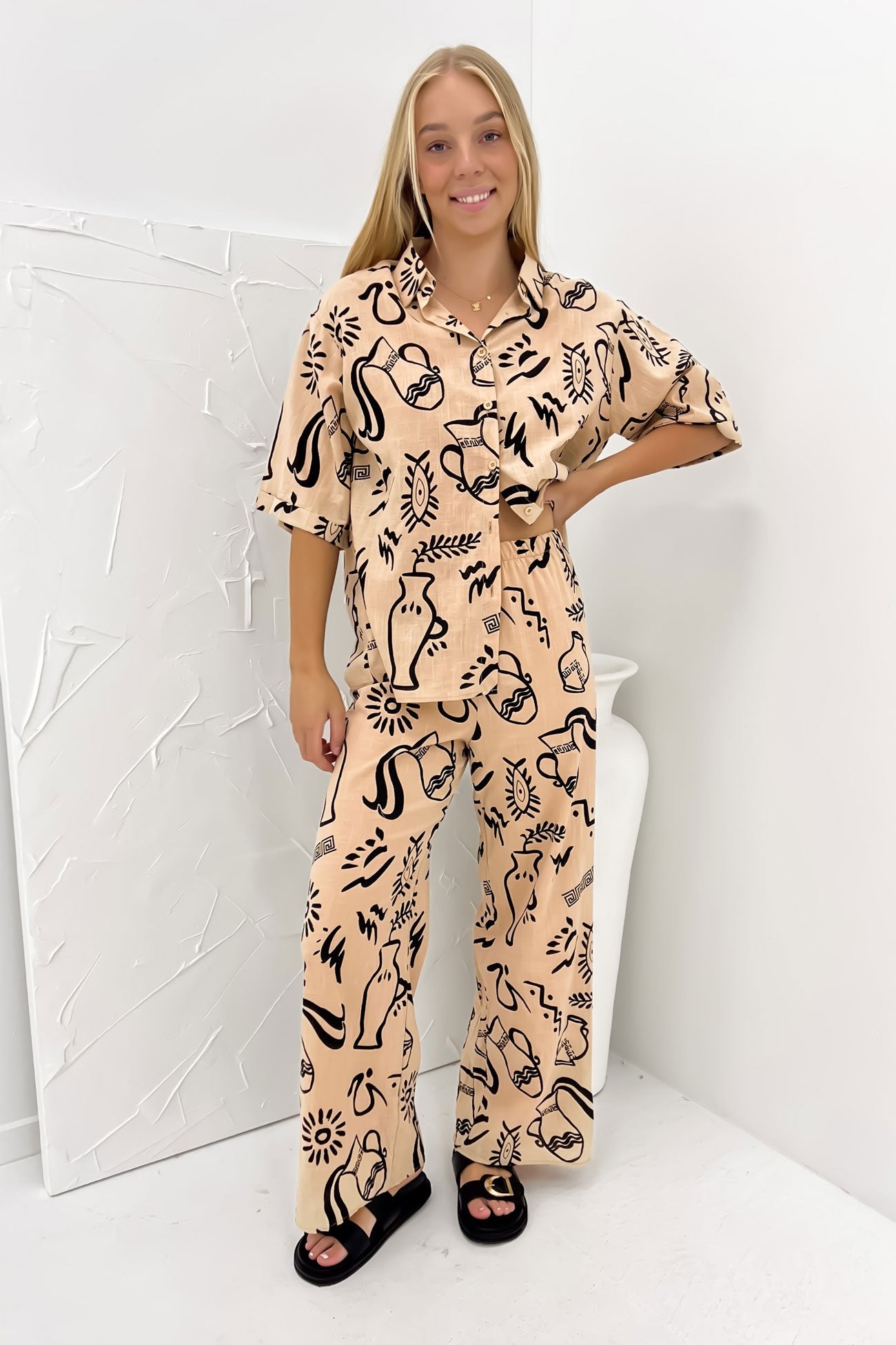 Aphaea Pant Set Tan Black Aztec Vase