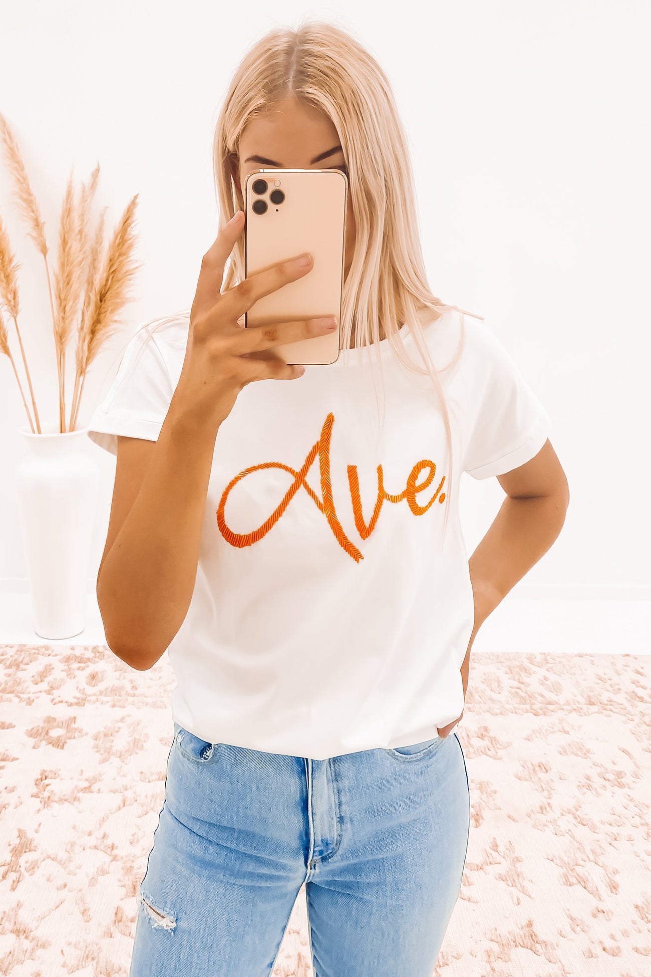 Ave Beaded Tee White Orange
