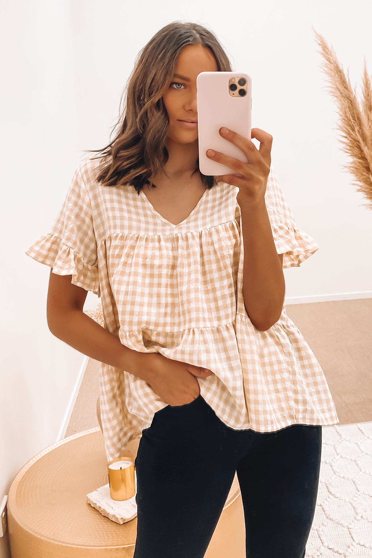 Colson Top Beige Gingham