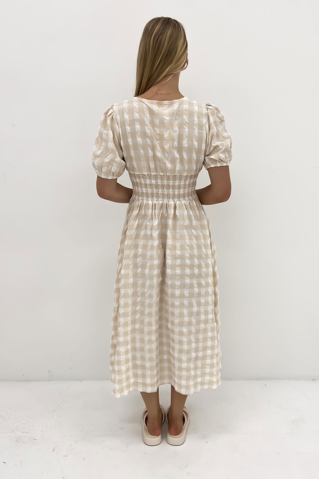 Hadley Midi Dress Latte Gingham