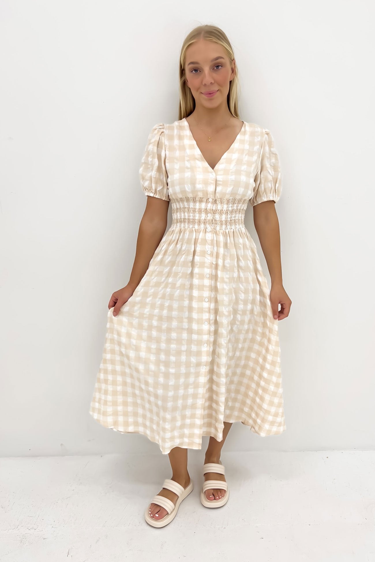 Hadley Midi Dress Latte Gingham