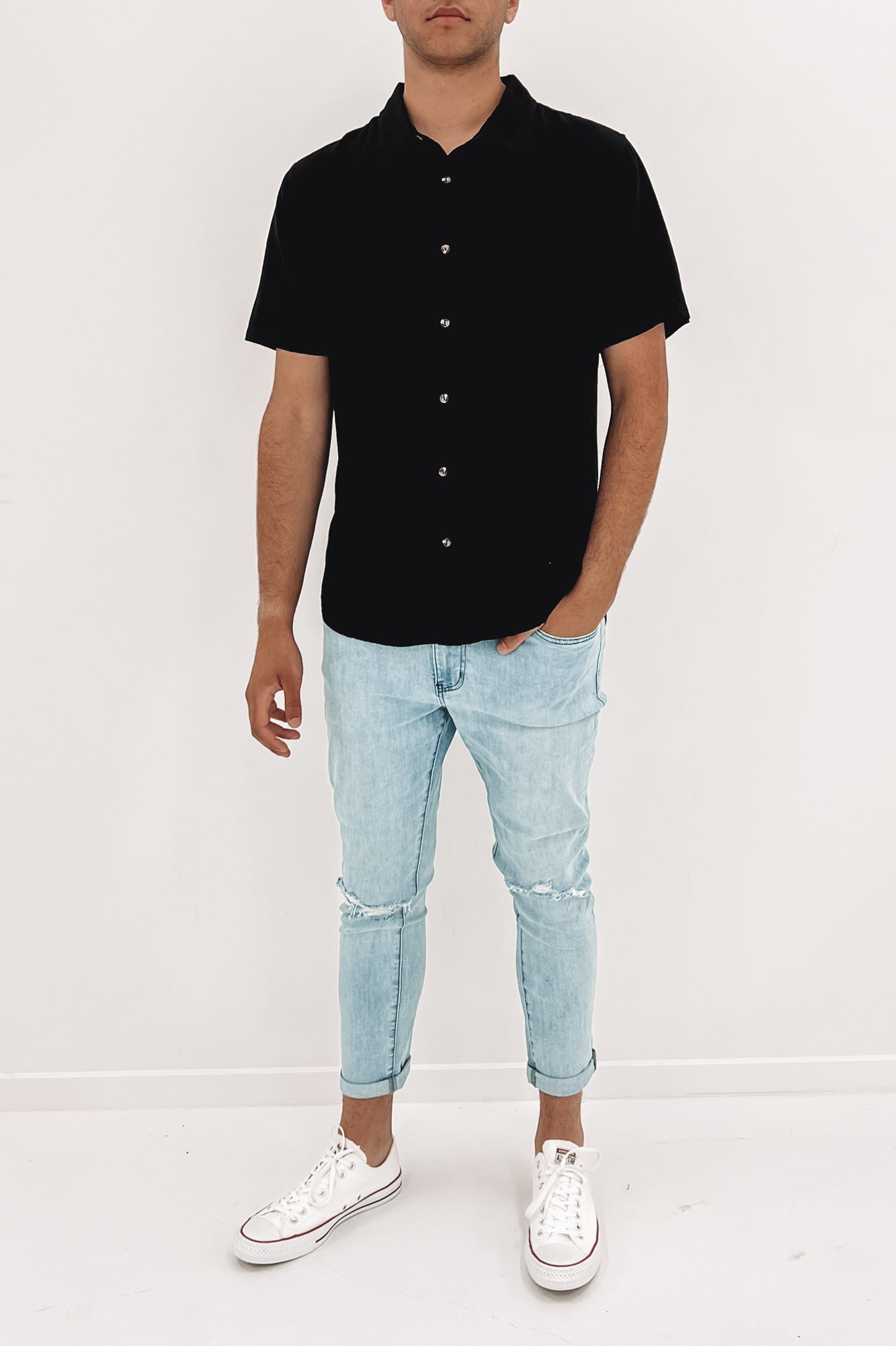 Overtone Short Sleeve Linen Shirt Black