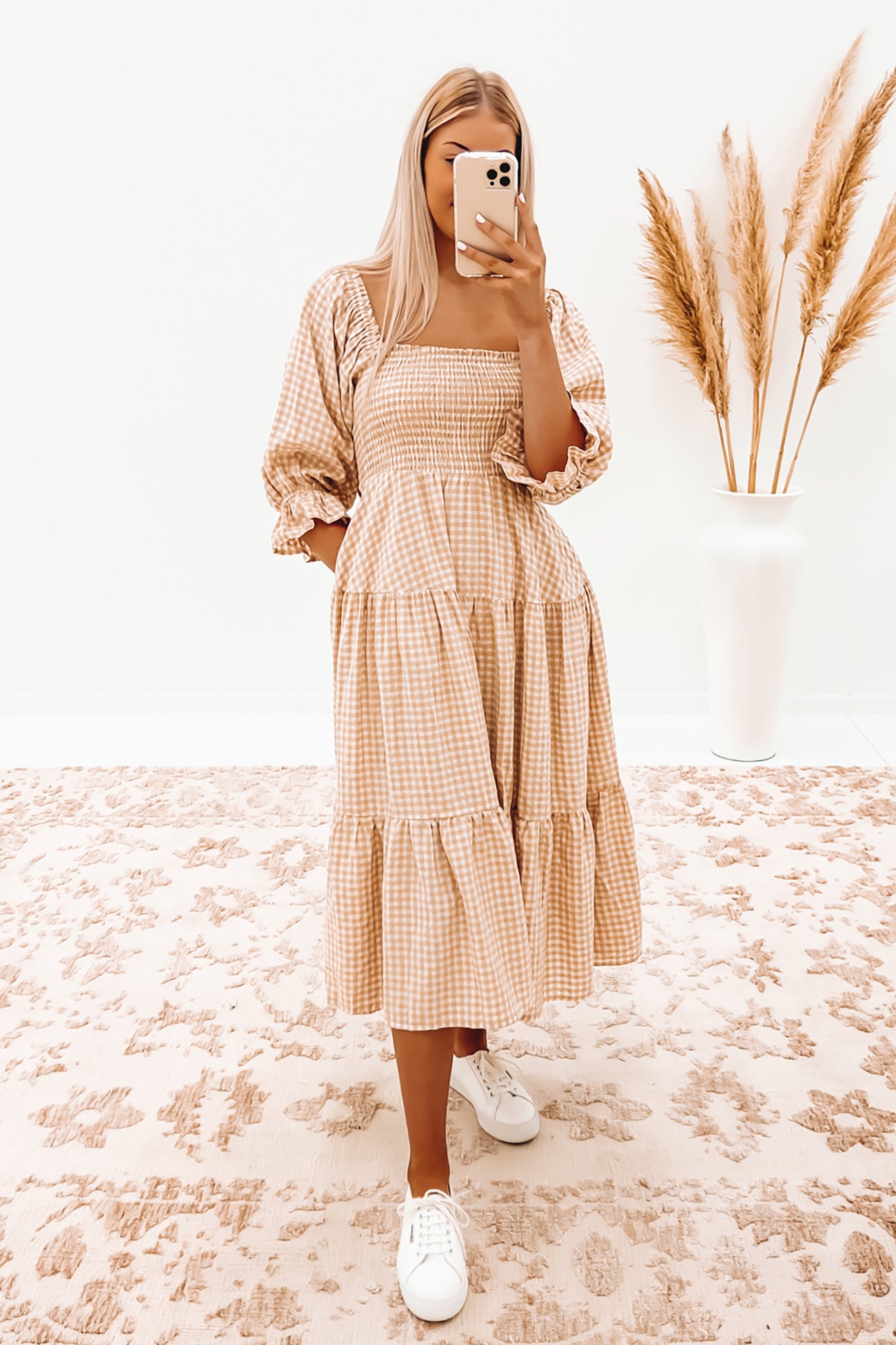 Kelsey Midi Dress Beige Check